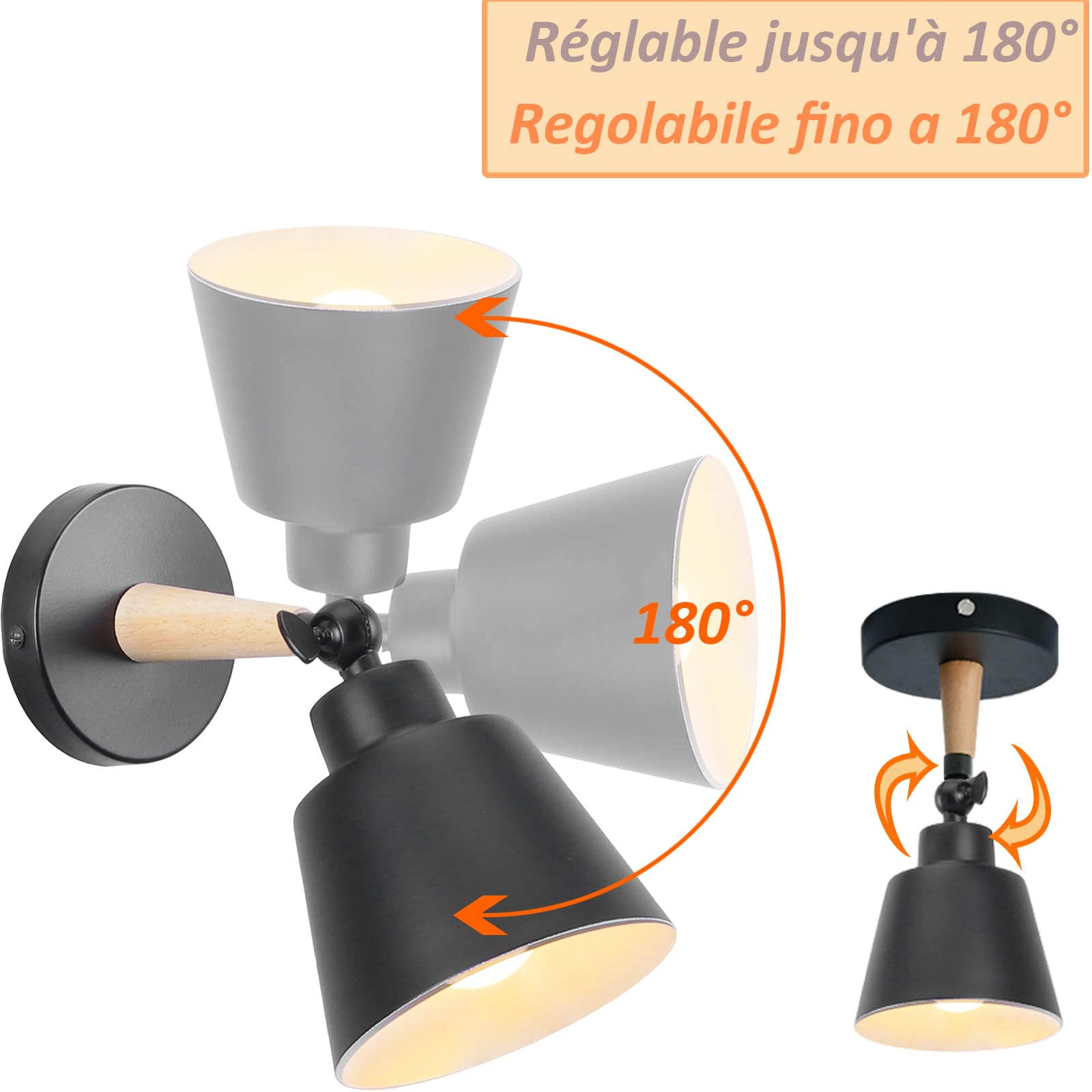 2 Packs Appliques Murales Vintages Industrielles Plafonniers Luminaires E27 en Métal Réglable Lampe Murale Interieur Rétro pour Chambre Cuisine Restaurant