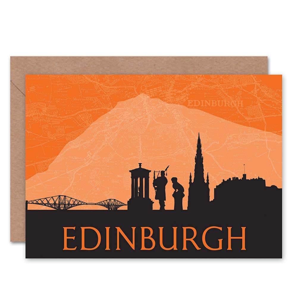 Wee Blue Coo CITYSCAPE EDINBURGH SCOTLAND ORANGE ART GREETINGS GREETING CARD GIFT