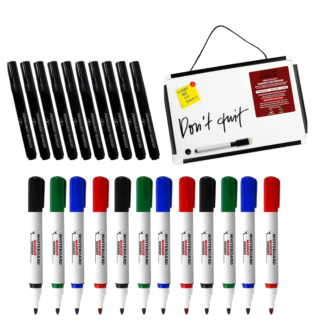 AHG Combo Set – 10 Black Permanent Markers + 12 Pack Dry Wipe Whiteboard Markers (4 Colours) + 3 A4 Magnetic Mini Whiteboards with Eraser & Magnets – School, Office & Home Writing Kit