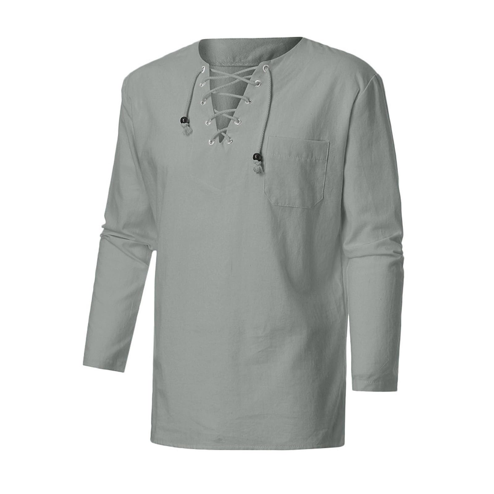 Pirate Costume Costumes Halloween for Men Knight Linen Shirt Classic Medieval Lace Up Long Sleeve Retro Viking Tops Scottish Ghillie Kilt Kurta Oktoberfest a-Grey M