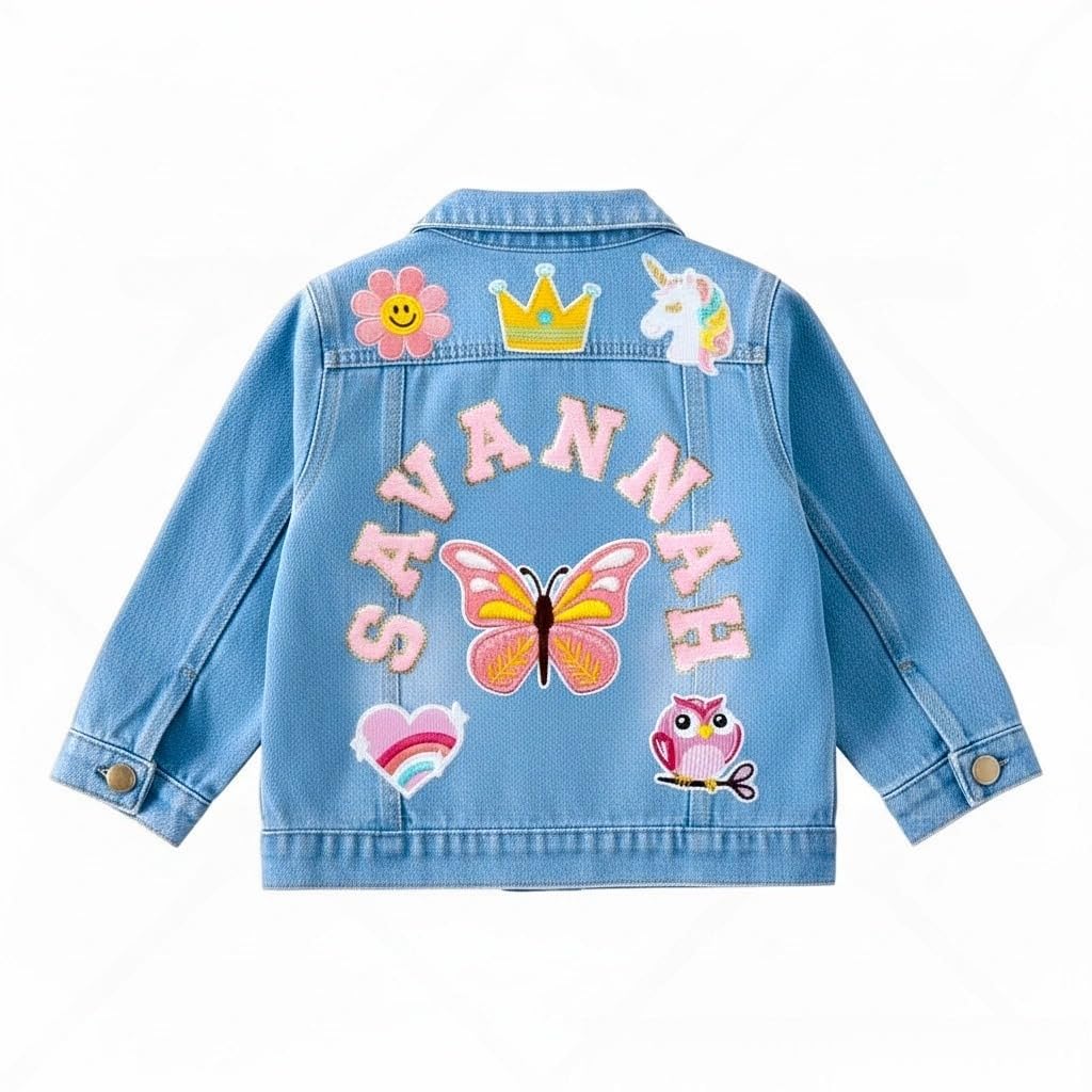 ENQU Personalized Kids Denim Jacket with Name, Custom Long Sleeve Jacket 1-8 Year Old, Birthday Gift for Toddler Girl Boy