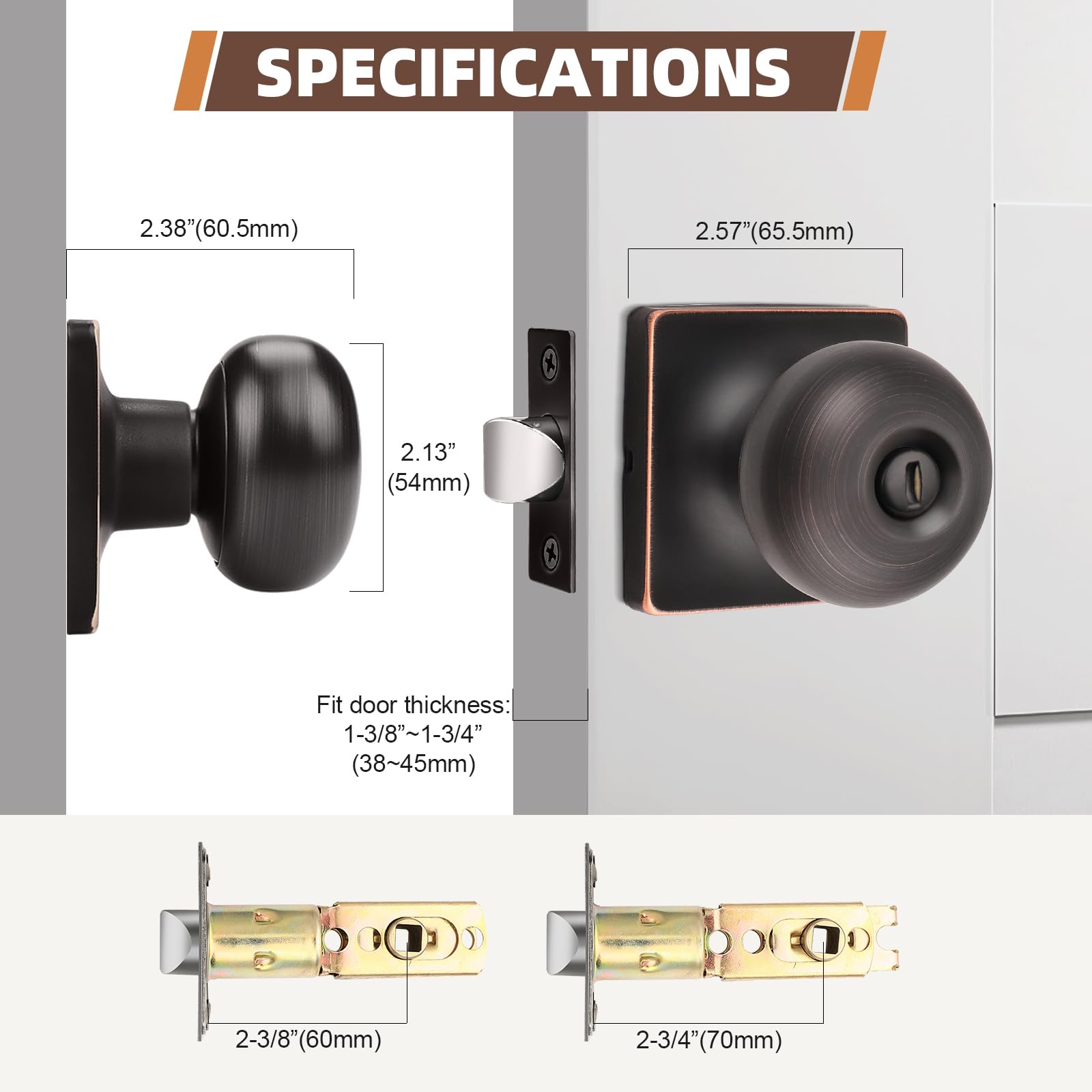 GOBEKOR Pack de 3 pomos de puerta de privacidad para interior de bronce aceitado sin llave, cuadrados, modernos pomos de puerta de acero inoxidable para dormitorio y baño