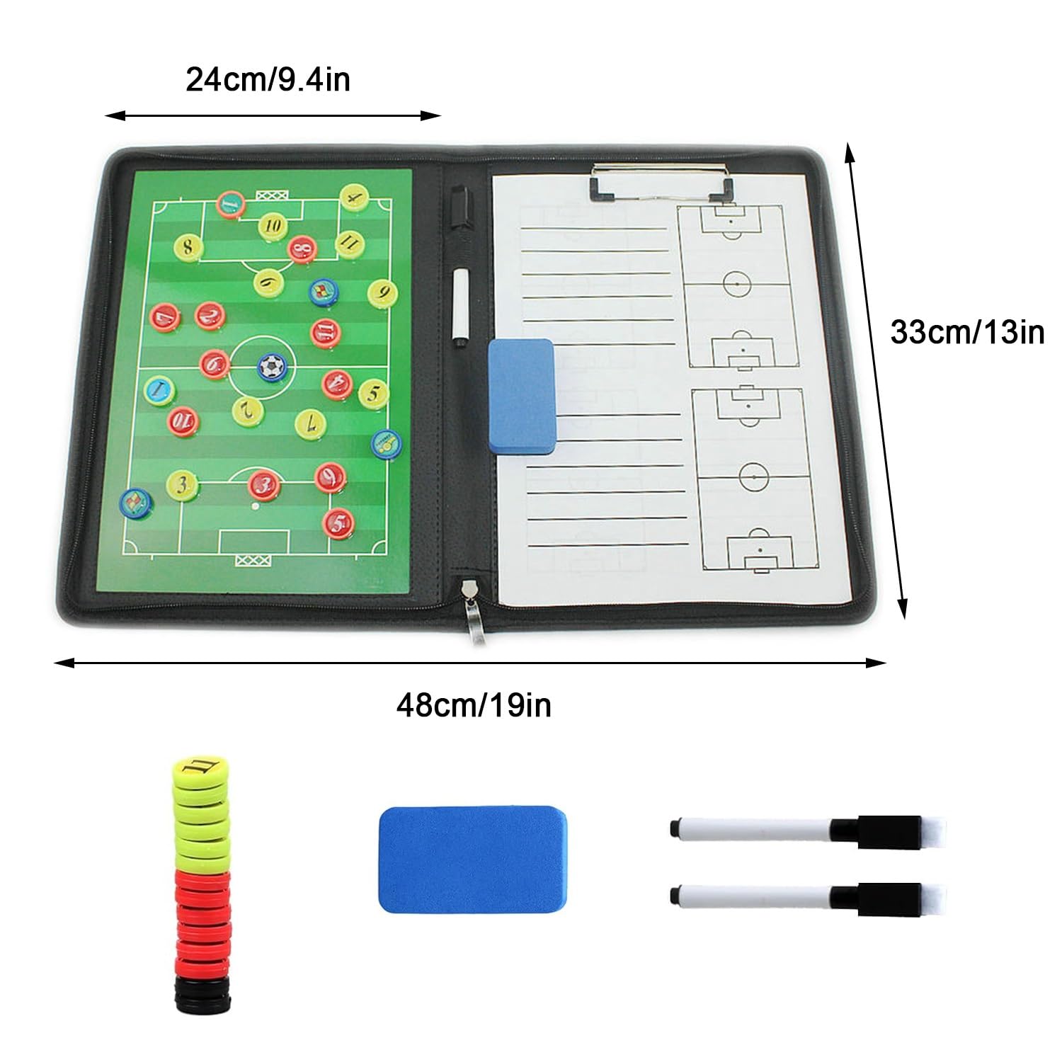 Fußball-Trainer-klemmbrett Fußball-aufstellungstafel, mit Reißverschluss, Fußball-Trainingshilfe mit Spielermarkern, Stift, Radiergummi, Papier