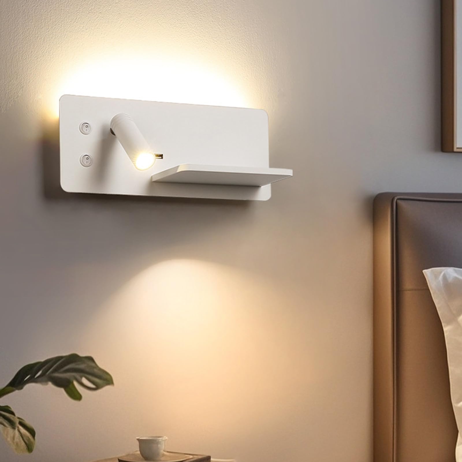 Lampa ścienna LED z przyłączem USB + bezprzewodowa ładowarka ścienna z przełącznikiem, oświetlenie ścienne 360° + 90°, obracana o 360° + 90°, lampa do czytania, do sypialni, zagłówka, hoteli (biała