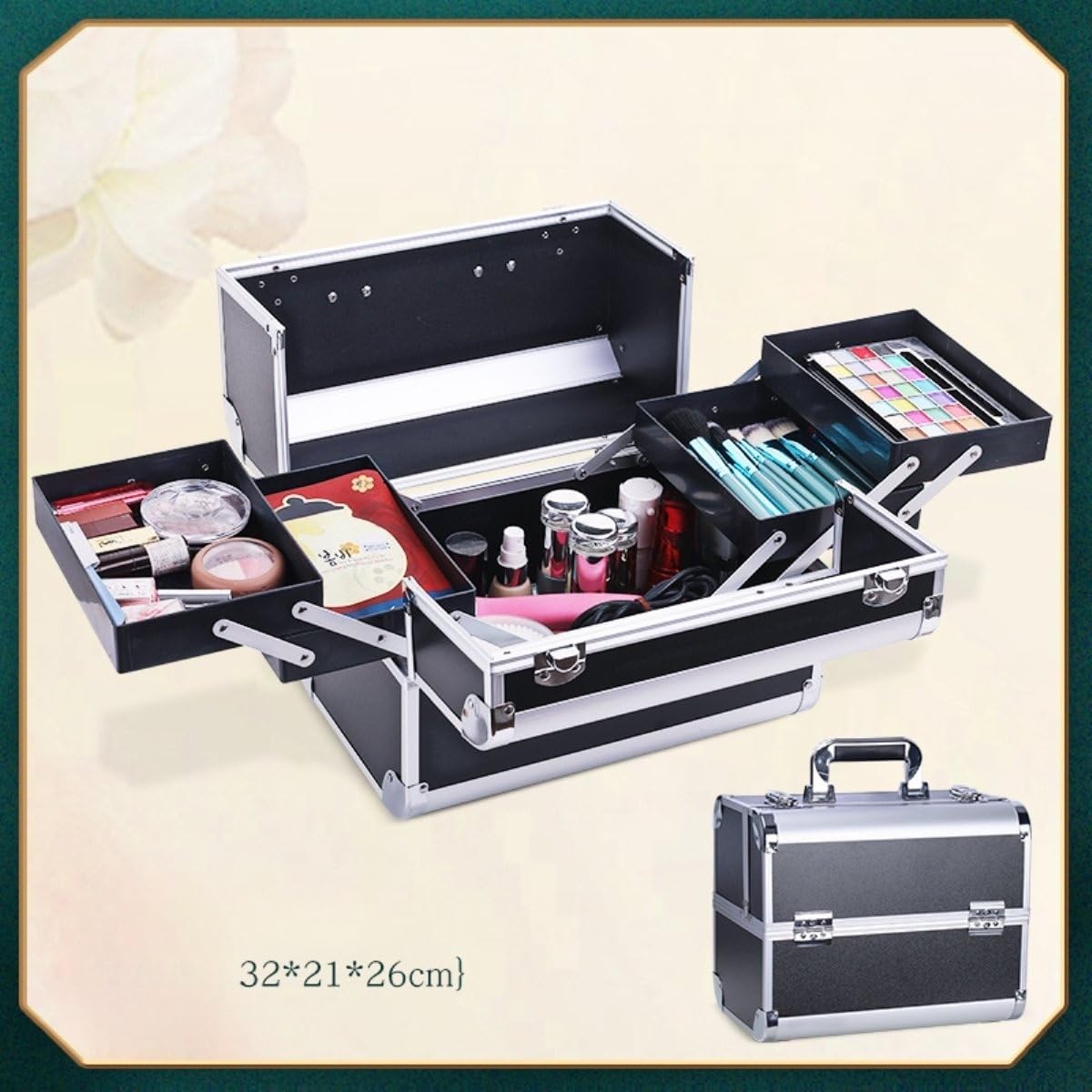 Etui na przybory do makijażu – przenośny aluminiowy organizer do makijażu z zamykanymi zatrzaskami, wysuwane tace, przestronne miejsce do przechowywania dla profesjonalistów kosmetycznych i
