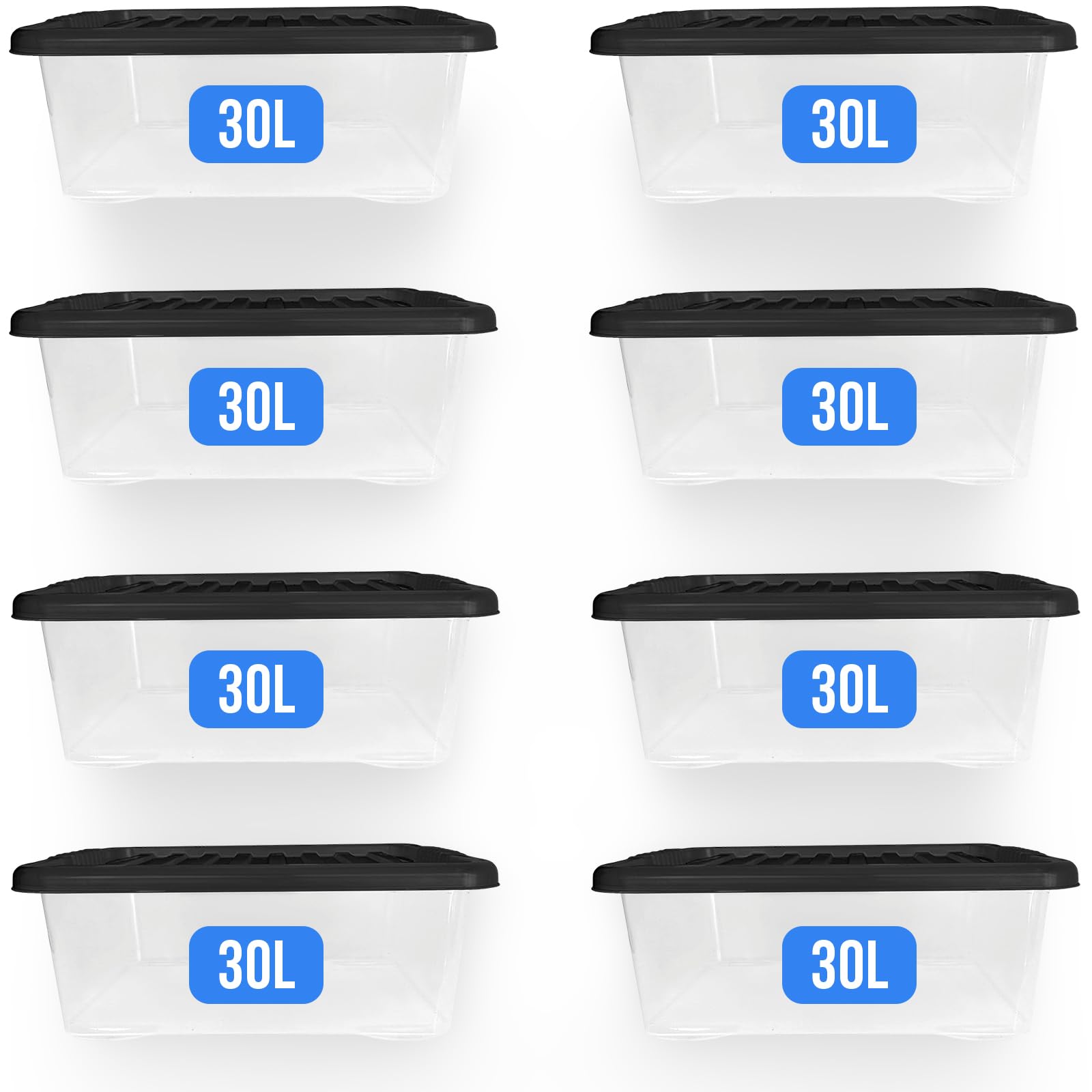 Kapco Black Underbed Organiser – 30L Underbed Storage Boxes With Lids (8 Pack) | Low-Profile, Space-Saving Plastic Containers For Clothes, Bedding & Seasonal Decorations | Stackable & Bpa Free | Bulk Buy