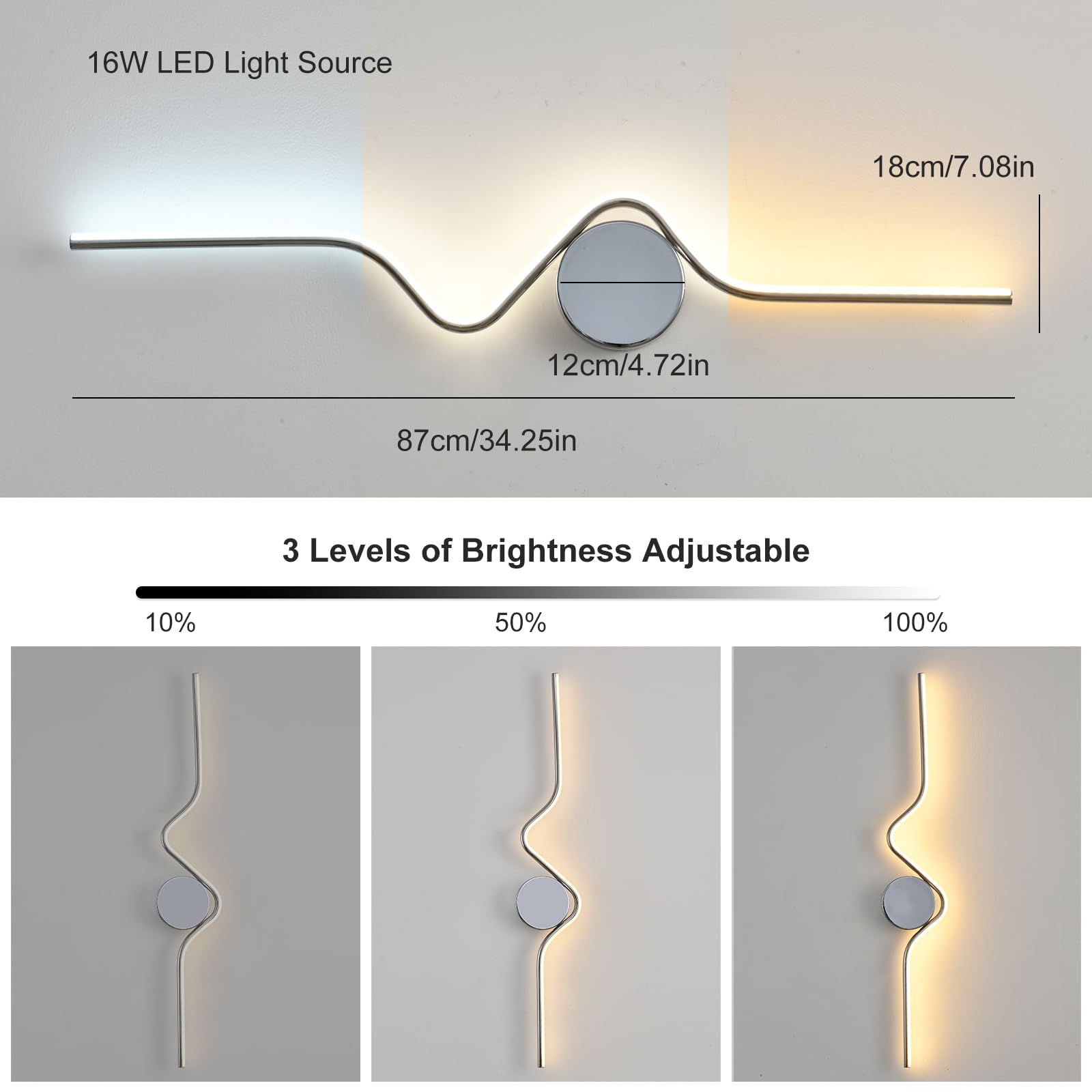GEADI Applique LED Parete Interno, 16W 87cm Lampada da Parete Moderna Creativo, Lineare Lampada a Muro Dimmabile per Camera da Letto, Soggiorno, Corridoio, Cucina