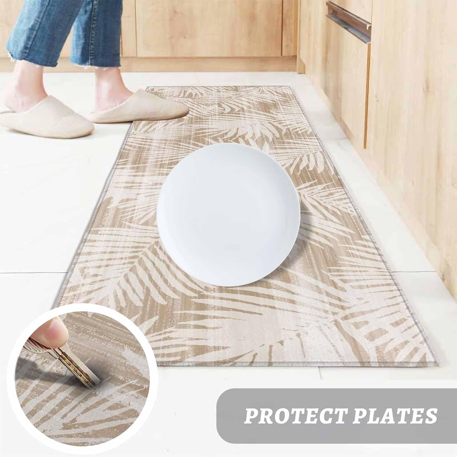 Kitchen Mats for Floor Summer Brown Palm Leaf Washable Non Slip Kitchen Rugs 2PCS, Retro Boho Tropical Leaves Absorbent Standing Mats for Sink Bathroom Office Living Room 15.7x23.6in+15.7x47.2in