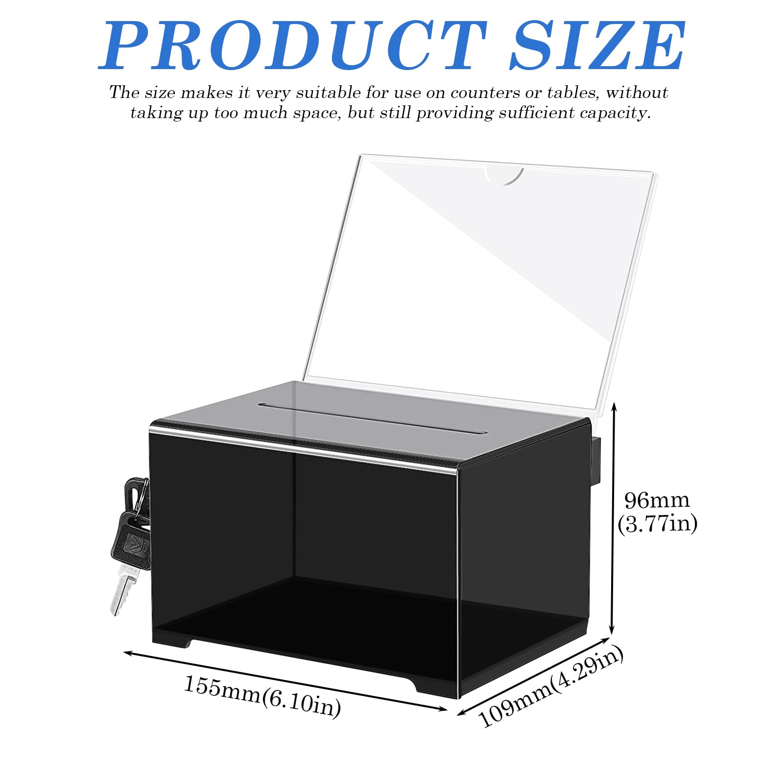 Caja de Donación de Acrílico: Urna de Acrílico con Cerradura, Caja de Donación con Llave, Urna con Soporte para Carteles, Caja de Donación para Comentarios, 155 x 109 x 96 mm, Negro