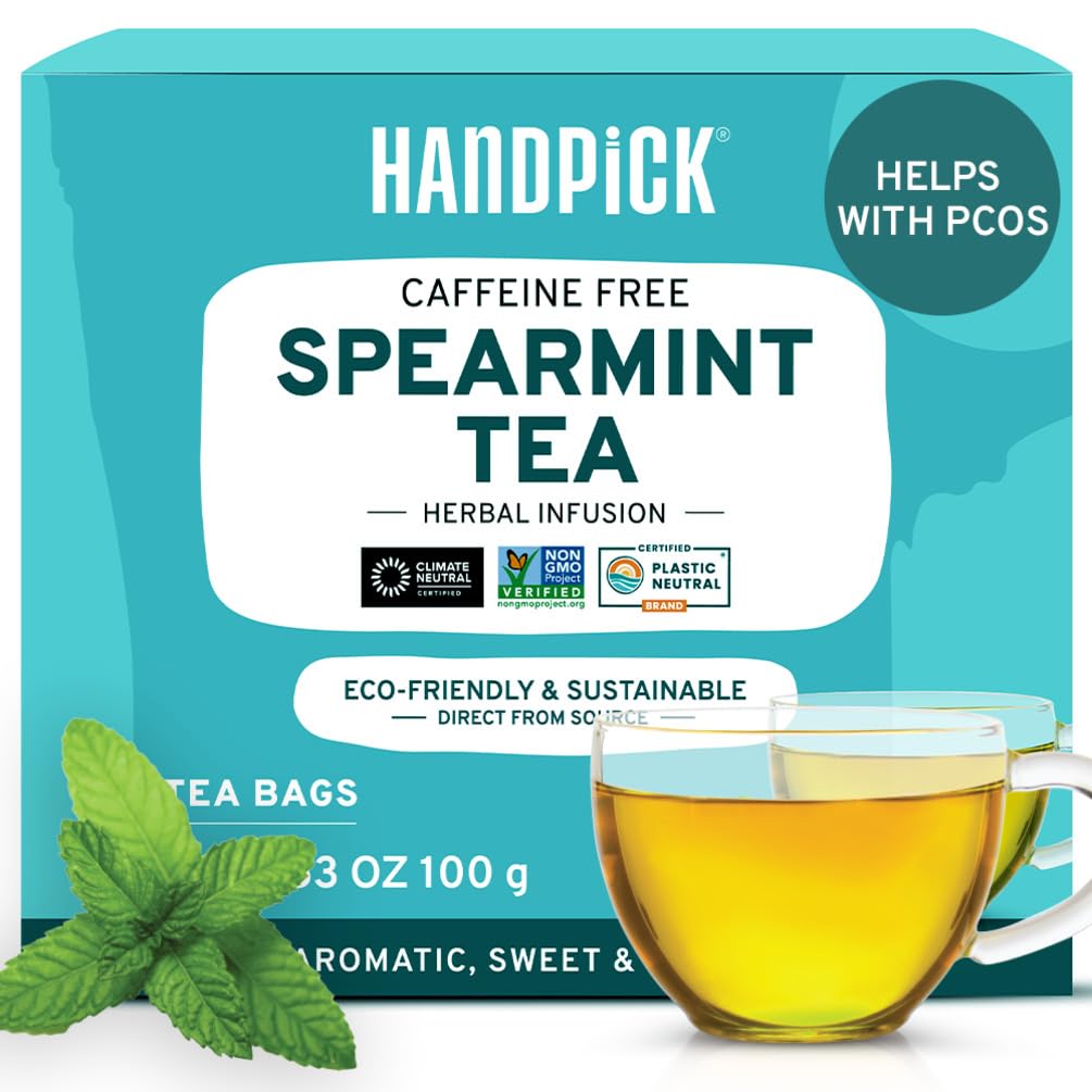 HANDPICK Spearmint Tea Bags (100 Count) Non-GMO, Caffeine Free, Pure Spearmint Leaf | Raw From India, Round Eco-Conscious Tea Bags