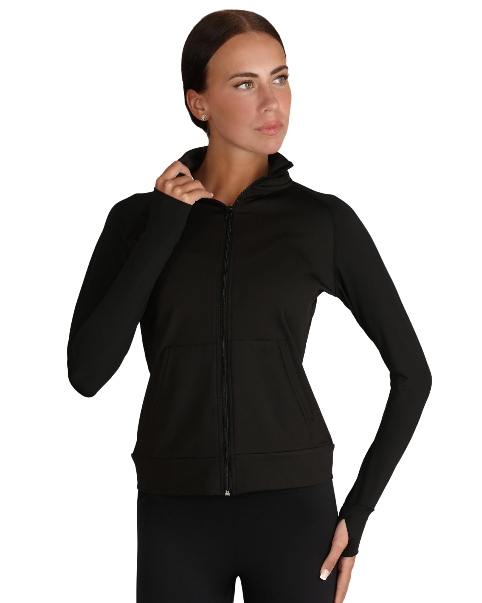 Silky Dance Veste de course à pied zippée pour femmes et filles, veste de sport à manches longues, haut de course à pied, uniforme de danse, veste noire avec trous pour les pouces et poches