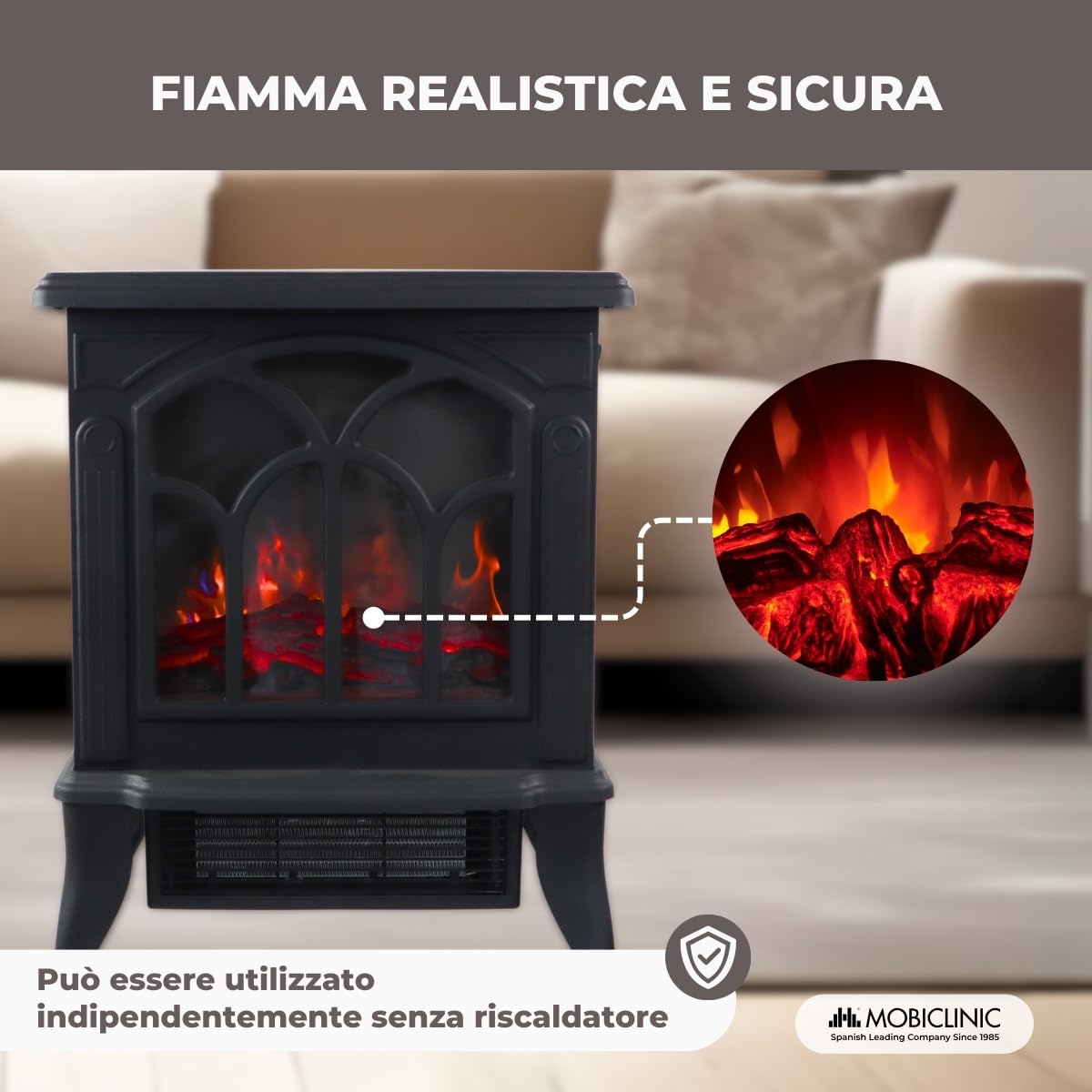 Mobiclinic®, Caminetto elettrico portatile da pavimento, 900/1800w, Protezione contro il surriscaldamento, Leggero, Decorativo, Fiamma 3d, Temperatura regolabile, Ira, Per stanze 25 m2