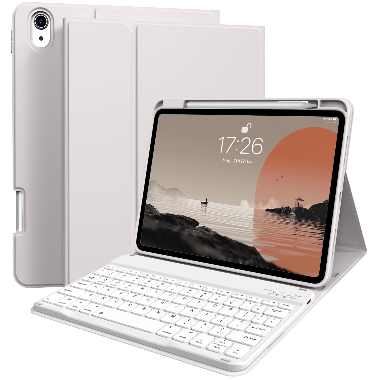 kenke for iPad 11/10th Gen Case with Keyboard 11/10.9 inch 2025 A16/2022, Detachable Wireless Bluetooth Keyboard Case Thin & Light with Built-in Left Side Pencil Holder, White Square Keycaps (Gray)