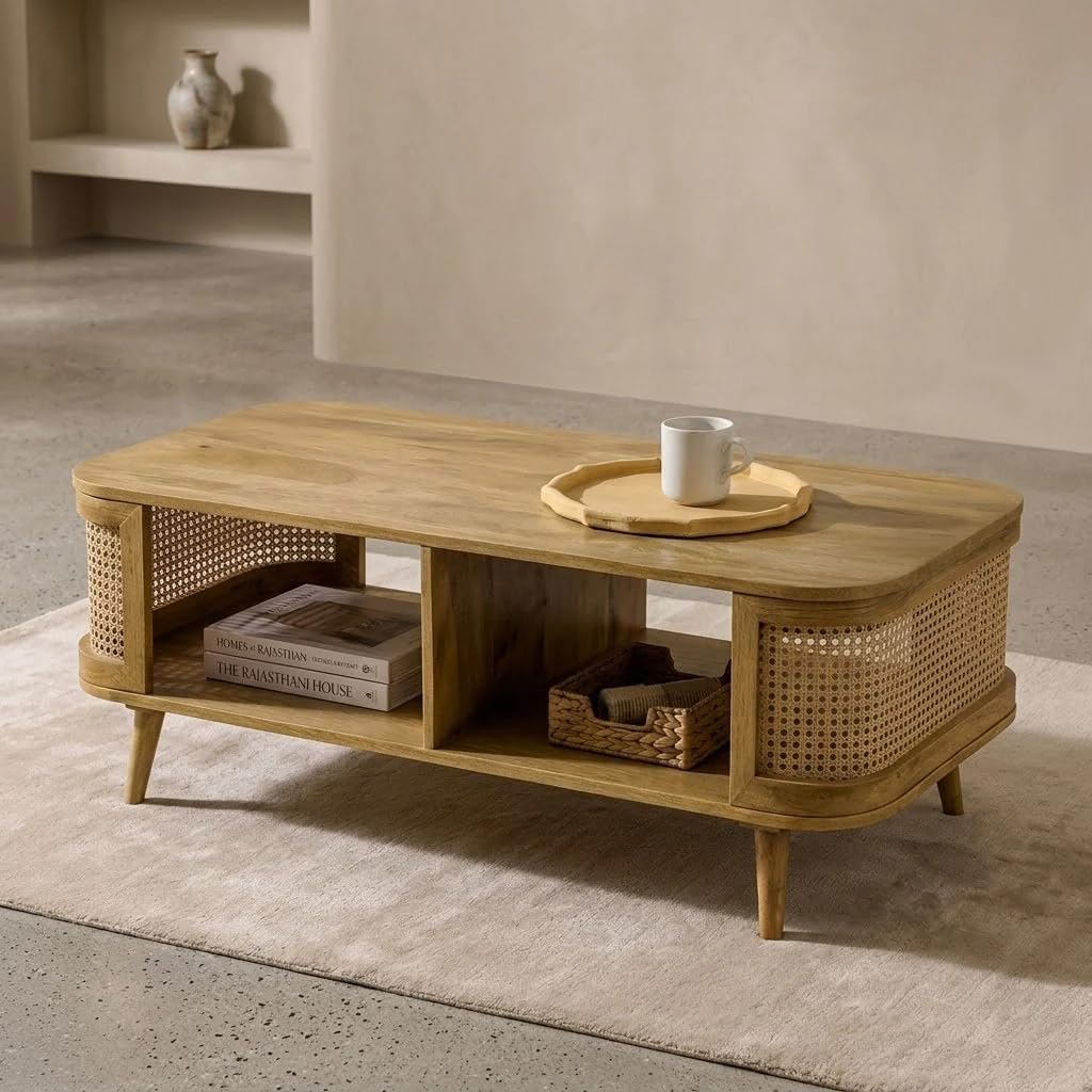 SMAART CRAAFTS Chuck Rattan Centre Table | Designer Cane Oval Shape Coffee Table | Pure Mango Wood, Natural Matt Finish | Ideal Tea Table for Living Rooms |-image-36