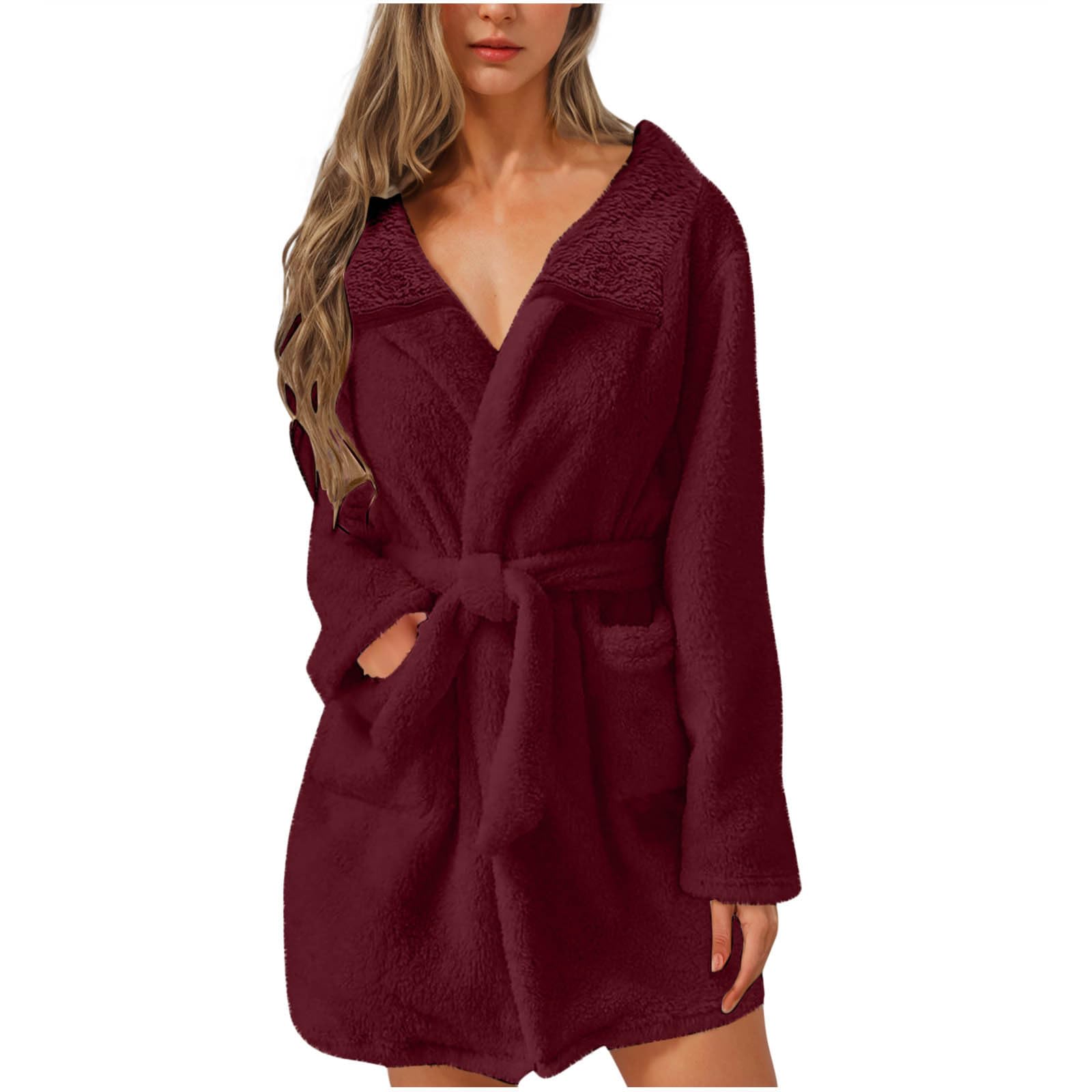 Fuzzy Robe Women Cute Short Bathrobe Fluffy Soft Bath Robes Lapel Collar Fleece Shower Robe Nightgown with Pockets