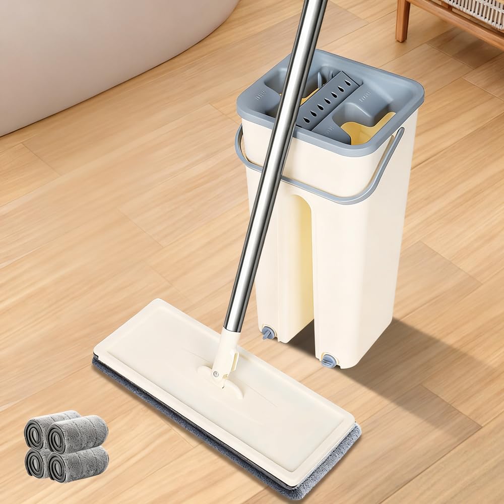 Photo 1 of Mop and Bucket with Wringer Set, 4 Washable Microfiber Pads Included, Hands Free Flat Floor Mop and Bucket, Wet and Dry Use, Home Cleaning System for All Floor Types and Windows