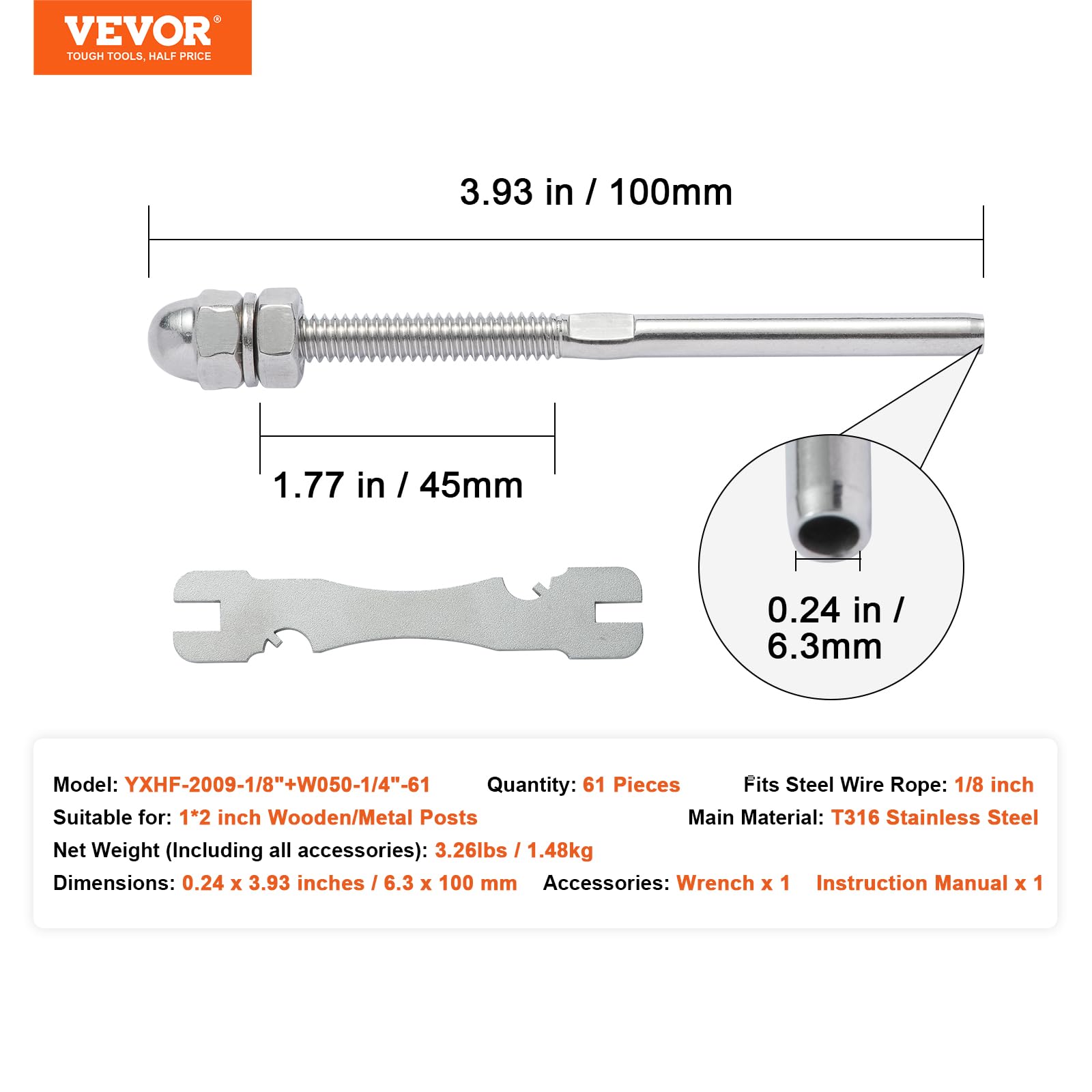 VEVOR 61 Pezzi Terminale di Raccordo per Tensione con Perno Filettato da Ponte da 1/8", Acciaio Inossidabile T316, Tenditore per Ringhiera per Cavi da 1/8" per Pali in Legno/Metallo, Argento