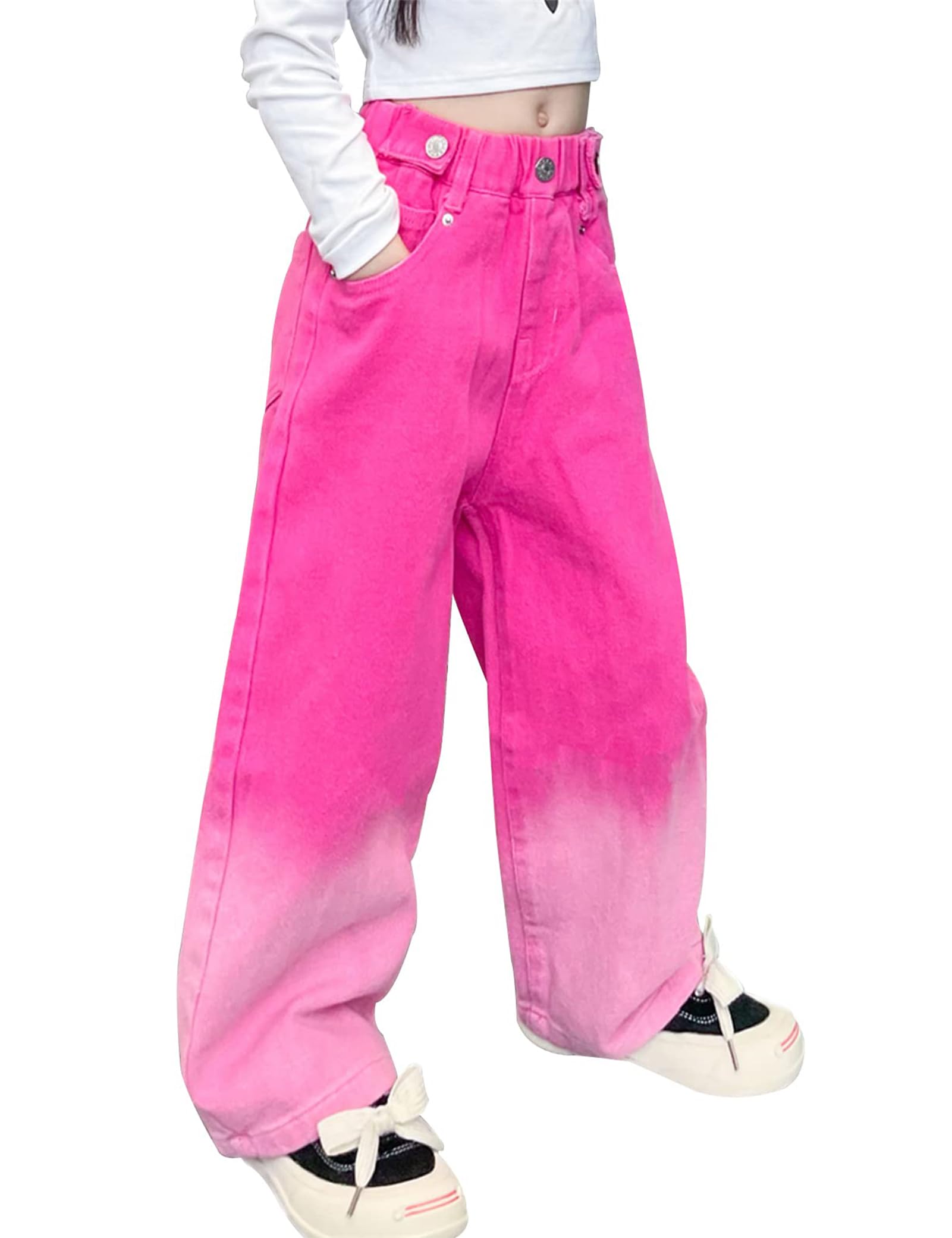 Kiench Mädchen Baggy Jeans Hose Weites Bein Pull-On Pants mit Taschen