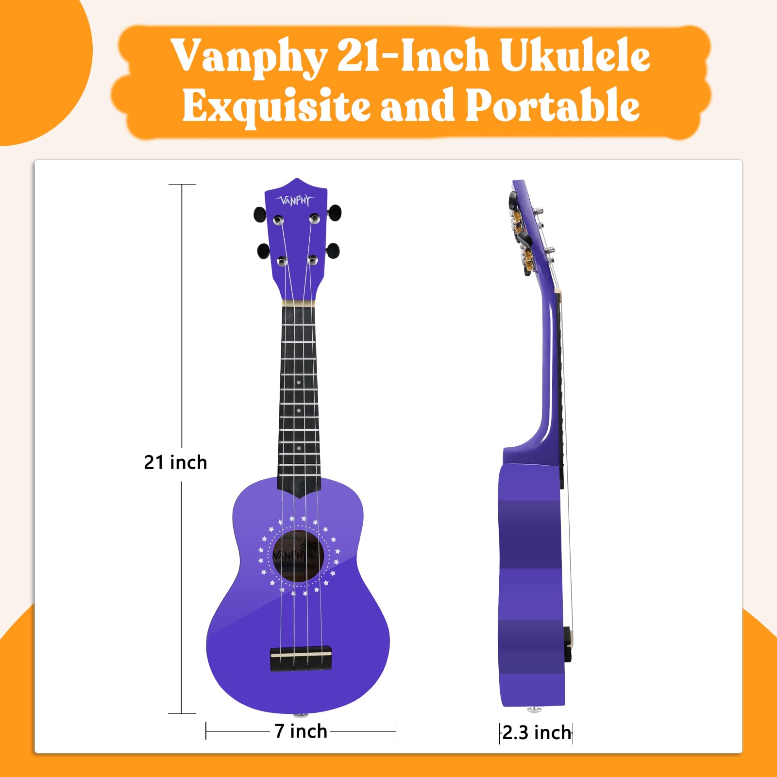 Sopran-Ukulele für Kinder, 53,3 cm, Ukulele mit Tasche, Gurt, Plektren, Songbook-Reinigungstuch, geeignet für Erwachsene und Anfänger (lila)