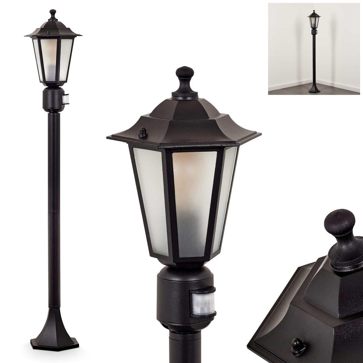 Lampa zewnętrzna Loria, oświetlenie ścieżki z czujnikiem ruchu z metalu/szkła mlecznego w kolorze czarnym/białym, lampa zewnętrzna o wyglądzie antycznym, 107 cm, lampa ogrodowa, oświetlenie ogrodowe