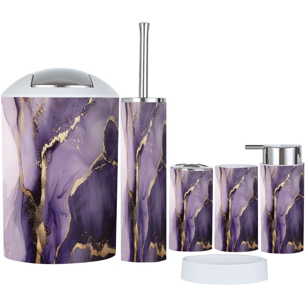 Bathroom Accessory Set 6 Piece Purple Marble Gold Stripes Alcohol Ink Luxury Violet Black Watercolor Toothbrush Holder, Toothbrush Cup, Soap Dispenser, Soap Dish, Toilet Brush Holder, Trash can
