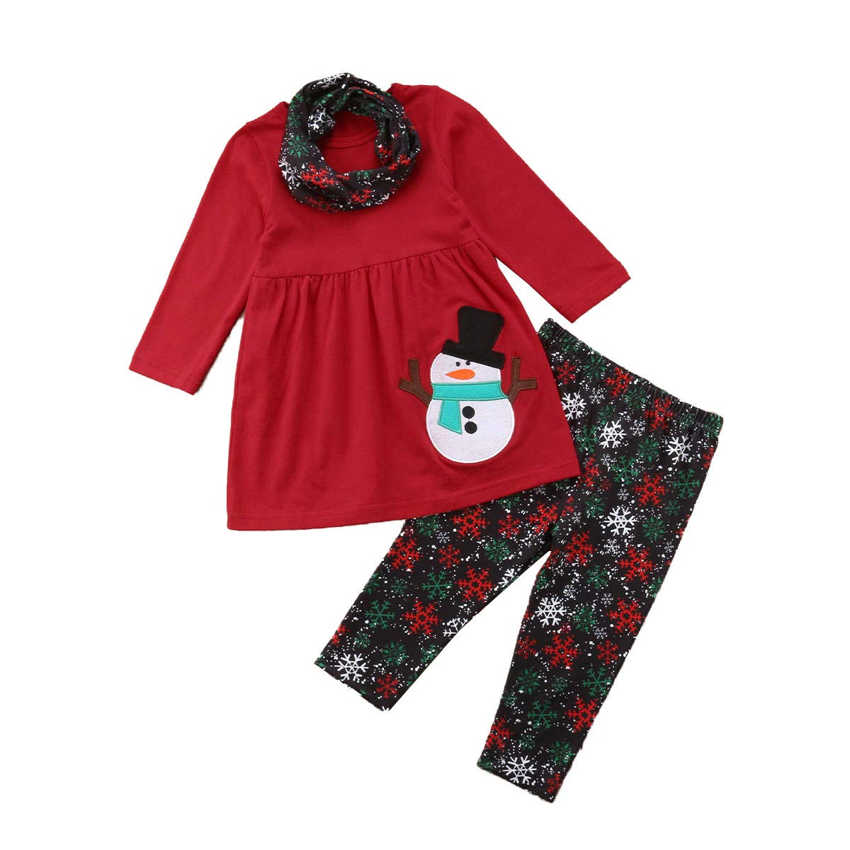 Baby Girls Christmas Outfits Toddler Kids Christmas Snowman Long Sleeve Tops +Printed Long Pants+ Scarf Xmas Outfits Sets
