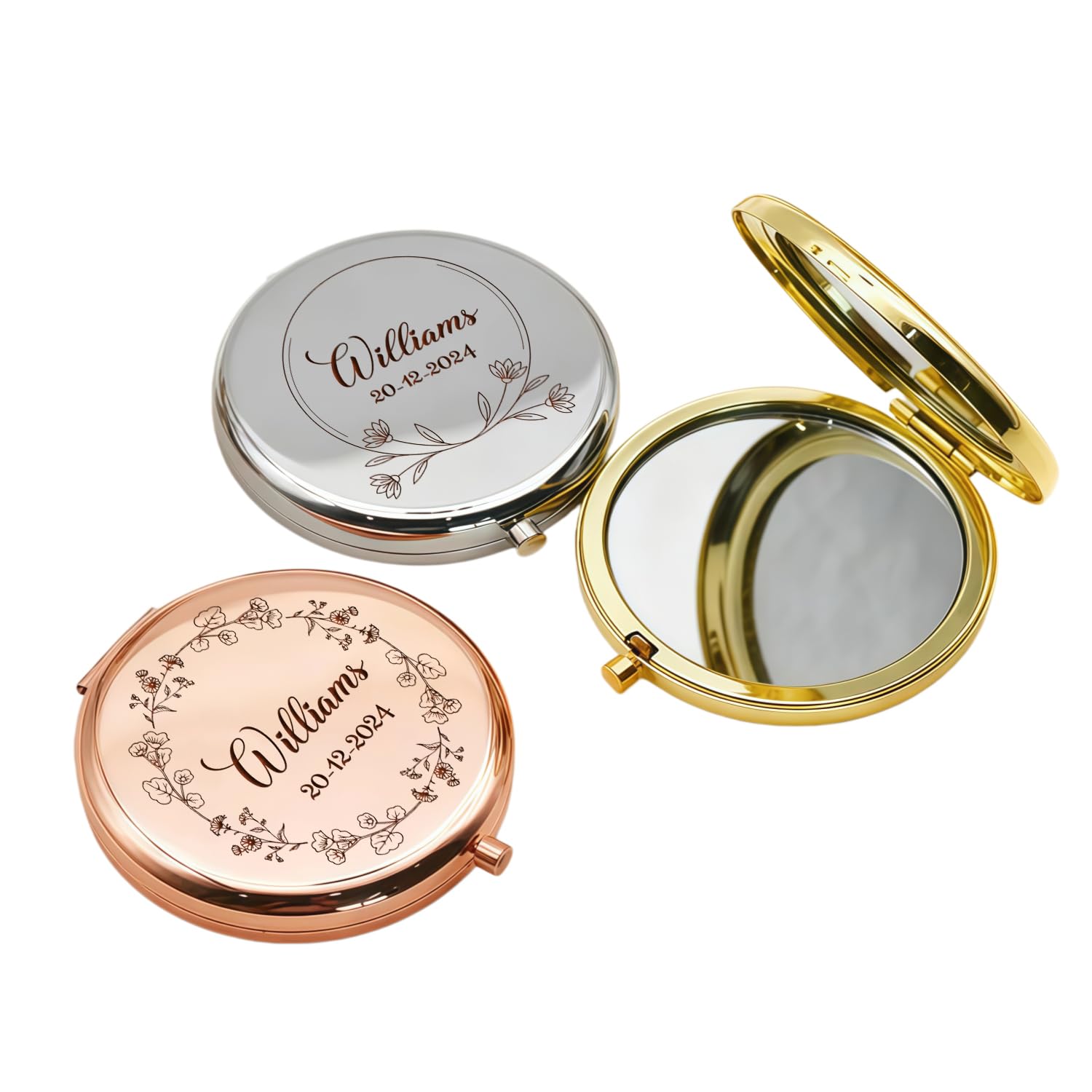 Custom Name Compact Makeup Mirror, Personalized Flower Engraved Travel Pocket Mirror, Elegant Bridesmaids Proposal Box Filler, Wedding Day Keepsake Favor