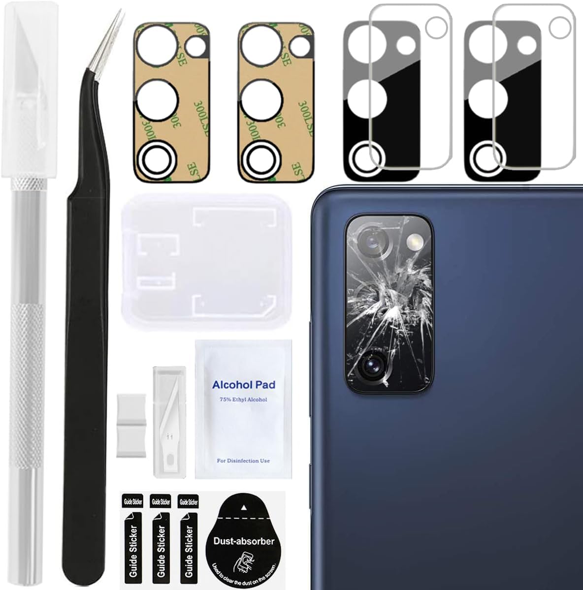 ZHUROUPU 2Pcs for Galaxy S20 FE lens Cover Back Rear Camera Lens Glass replacement, Pre-Cut Tape and Repair tools for Samsung Galaxy S20 FE lens(only Fit S20 FE 6.5 Inch)(black)