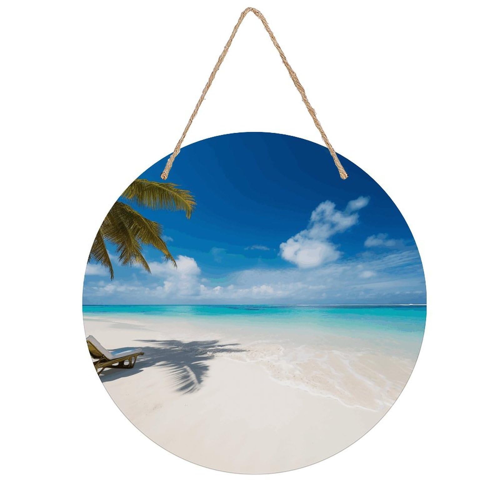 FekiLoot Round White Beach Tropical Sea Wall Art Decor Painting Wooden Hanging Sign with Ropes Bohemian Wall Hanging Retro Mid Century Modern Wall Art for Home Bedroom Living Room 7.9x7.9 in