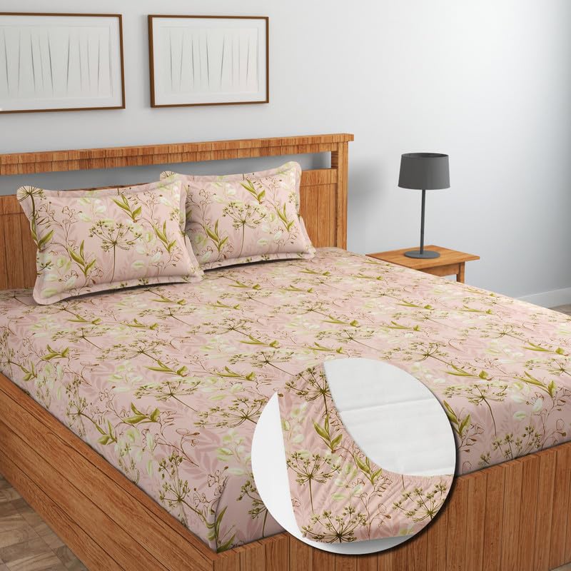 Image of NEW LEAF Glace Cotton Fitted King Size Double Bedsheets with 2 Pillow Covers | Elastic Fitted | Wrinklefree | Ultrasoft |Winter Bedsheet 220 tc tc Floral | 78 x 72+10 Inches, Begie Green