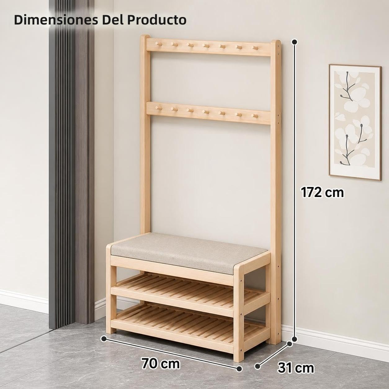 Árbol de recibidor de Madera Maciza con Banco para Zapatos tapizado, Perchero, Zapatero, Organizador de Almacenamiento Todo en uno para el hogar