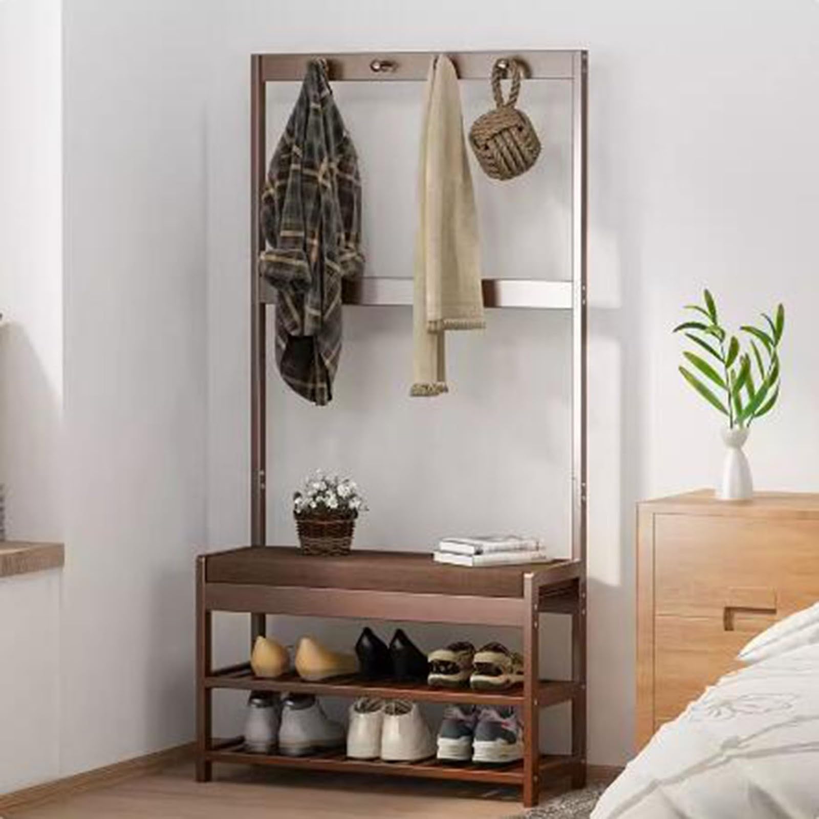 MYUYEE 3-In-1 Entryway Coat Rack Shoe Bench,Hall Tree With Storage Bench And Coat Racks Entryway Storage Shelf Orga Wooden Coat Rack With Bench And Hooks, For Entryway Hallway(A-)