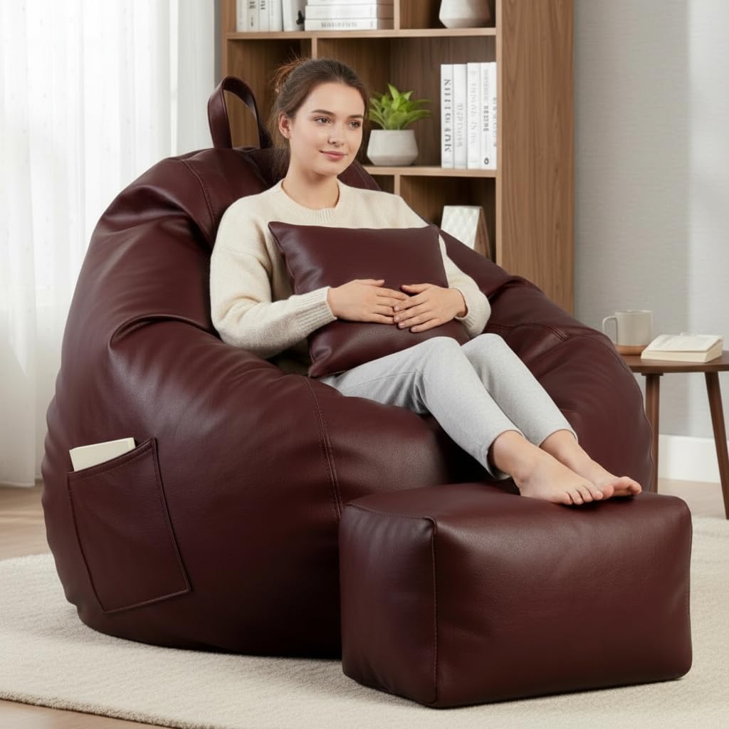 5XL Luxury Faux Leather Bean Bag with Footrest & Cushion | Pre-Filled High-Density Polystyrene Beans | Premium Leatherette | 6 Months Warranty Color- (Maroon, with Footrest)-image-11