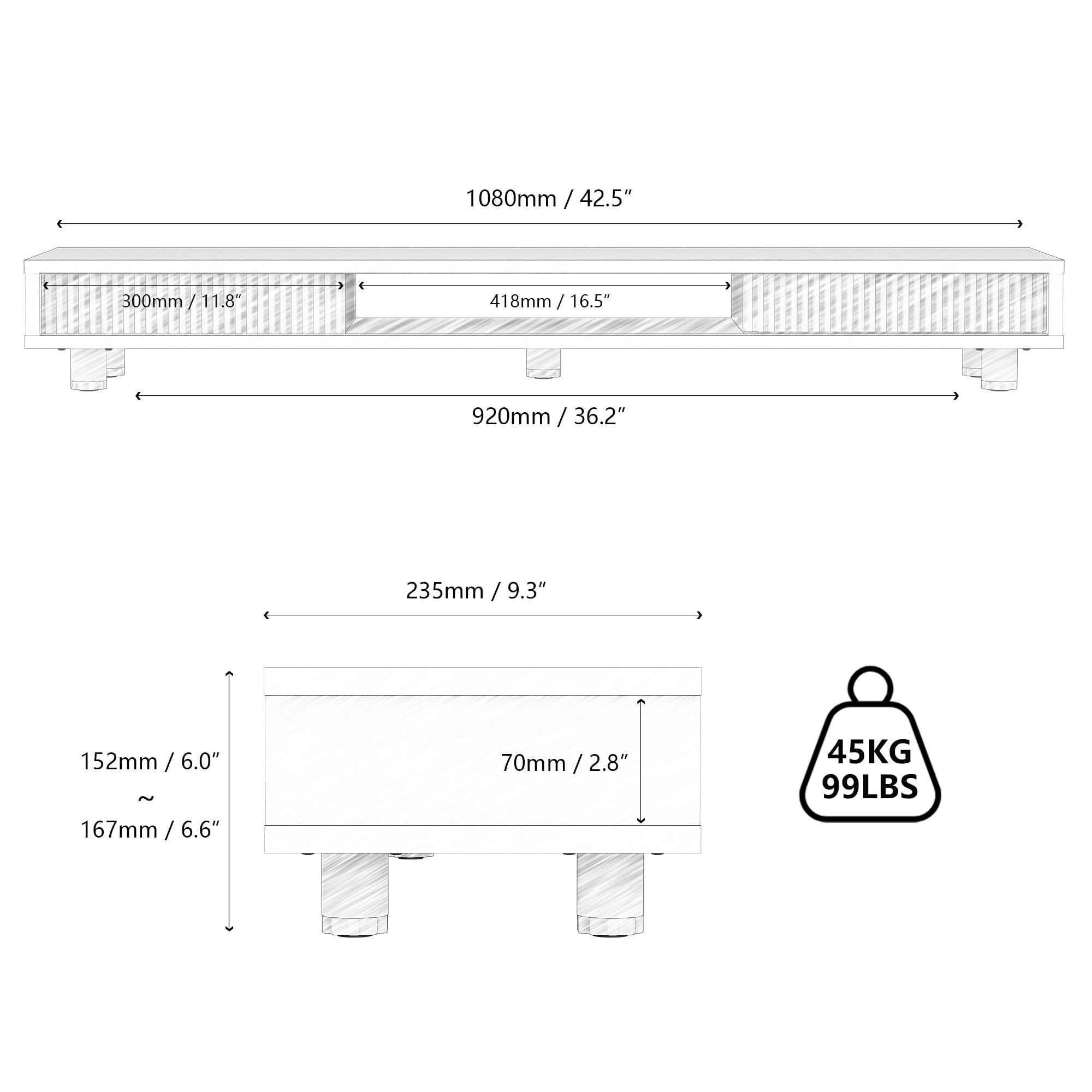 Fenge Dual Monitor Stand with 2 Drawers - Large Monitor Stand for Computer/TV/Laptop, 108x59.5x15.2-16.8cm, Black