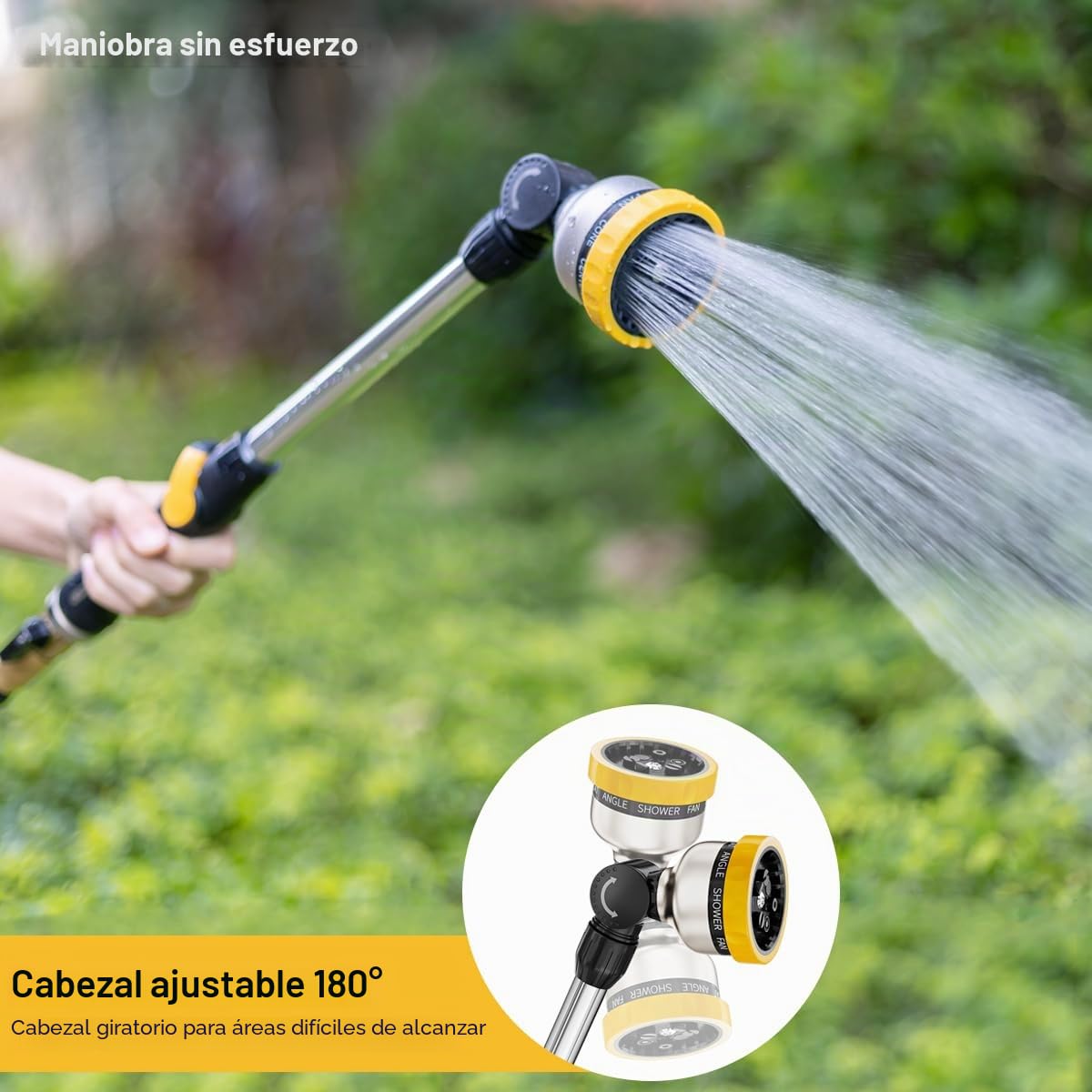 FANHAO Pistola de Riego Metálica, Largo Pistola de Agua para Jardín, 9 Modos Ajustables, Pistola de Manguera con Interruptor de Pulgar para Riego de Césped -Amarillo