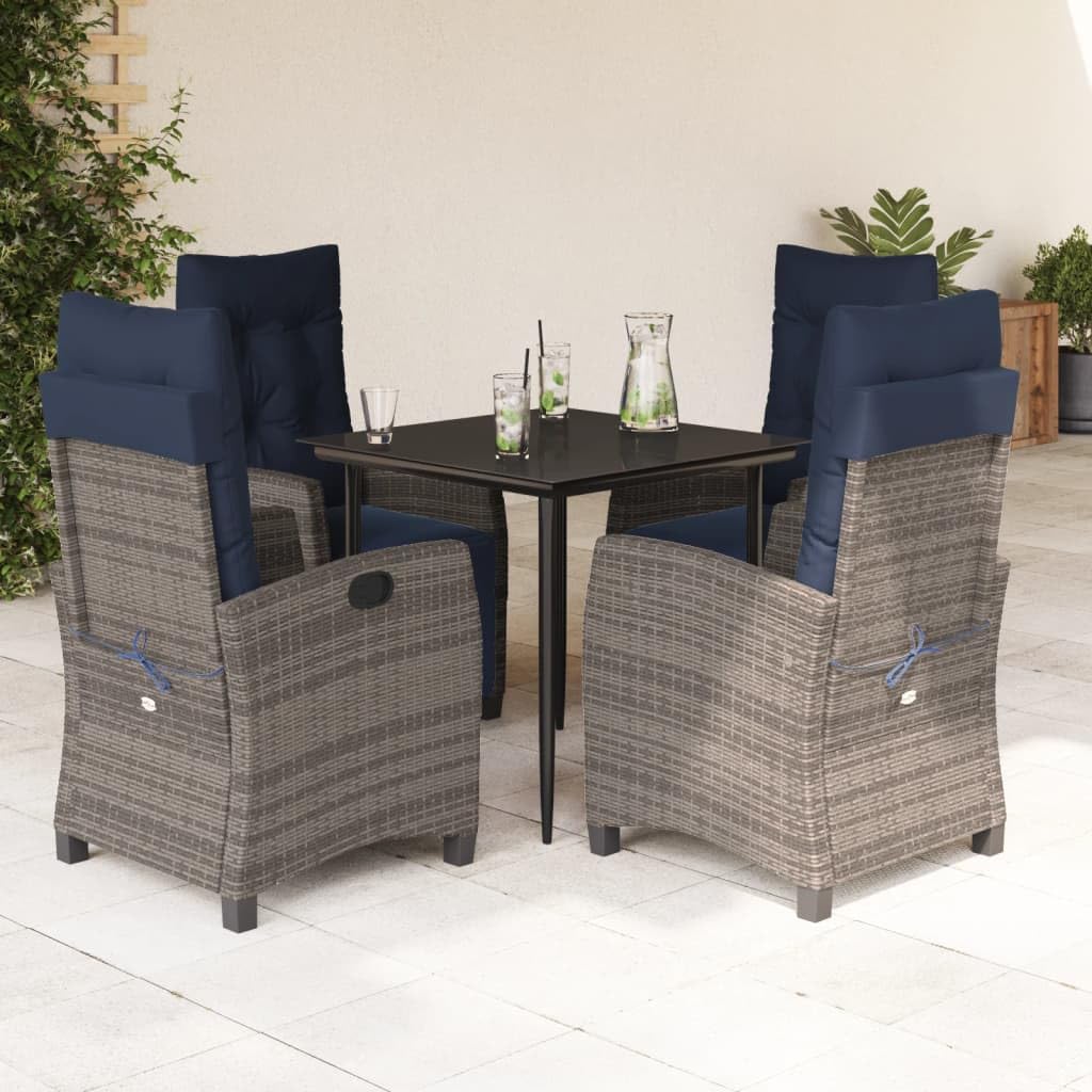 5 Piece Outdoor Dining Set, Grey Poly Rattan Patio Furniture Set with Black Tempered Glass Top, Square Table and Chairs for Balcony, Garden, Terrace