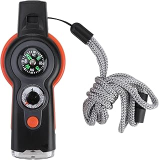 Emergency Survival Whistle, 7-in-1 Compact Safety Whistle with Compass Thermometer LED Light, Magnifier, Reflector Mirror, Essential Outdoor Whistle for Camping Hiking & Emergency Survival Kit (1PC)