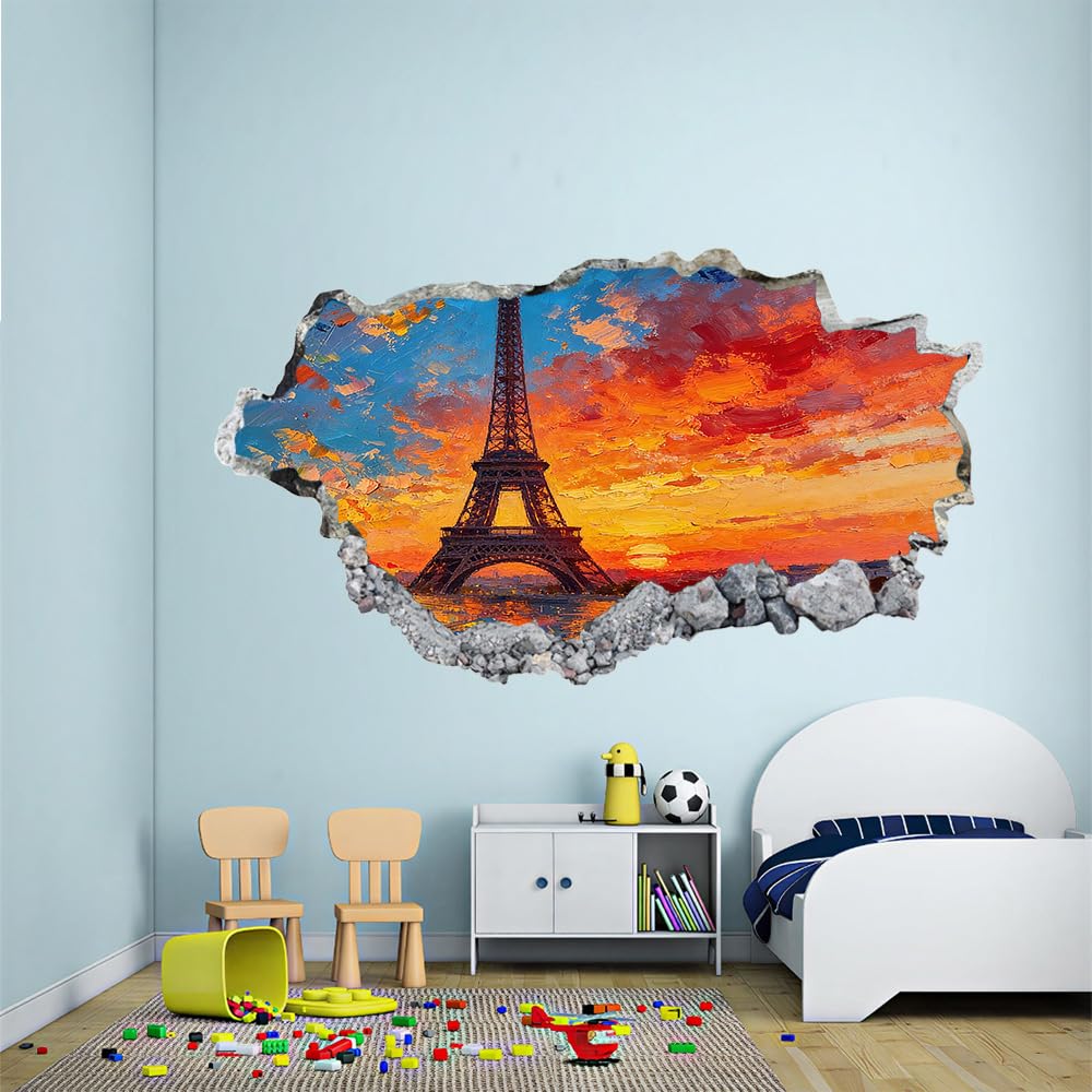 3D Wandtattoos Durchbruch Wandbild Eiserner Turm Kinderzimmer Aufkleber Wandaufkleber Gemalte Sonnenuntergangslandschaft Wandsticker für Kinderzimmer Junge Zimmer Wohnzimmer Schlafzimmer