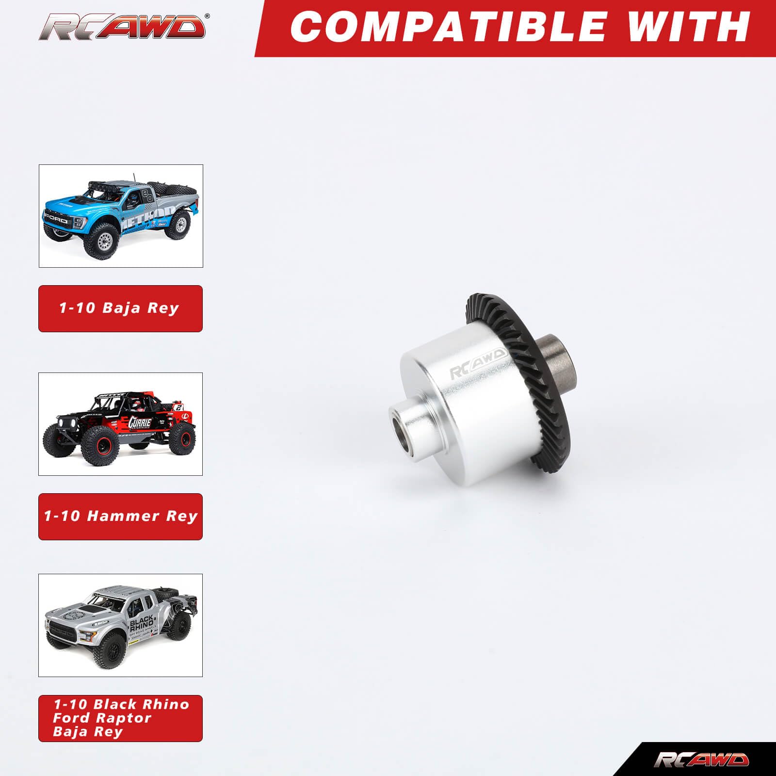 RCAWD Rear Differential Set 40T w/Bearings for 1-10 Losi Baja Rey Hammer Rey Upgrade Parts (Silver)