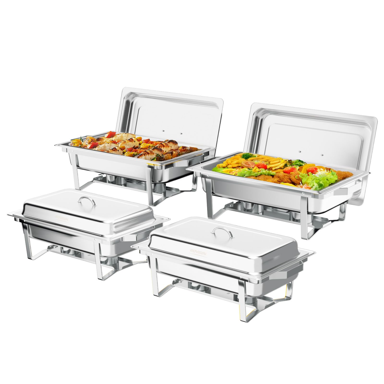 Bonnlo Chafing Dish Buffet Set, 4 Pack 9L Stainless Steel Warming Containers, Food Warmer Buffet Server for Dinner, Parties, Camping - Silver