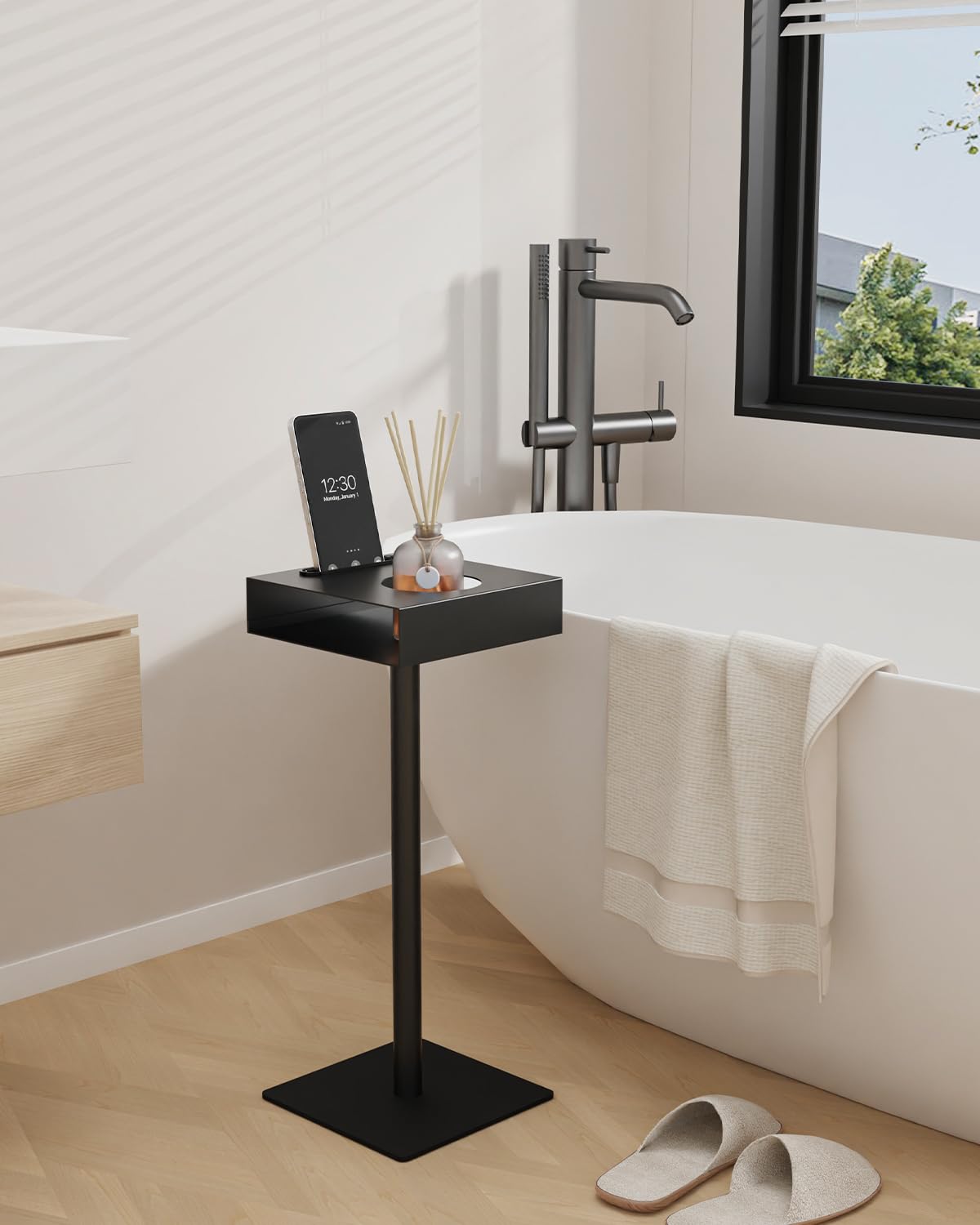 Yawinhe Set 2 Tavolino Laterale Moderno,Tavolino per Spazi Ridotti,Nero | Tavolo Compatto per Bevande;Tavolino Laterale Moderno da Divano con Slot per cellulari e bicchieri Per Camera da Letto