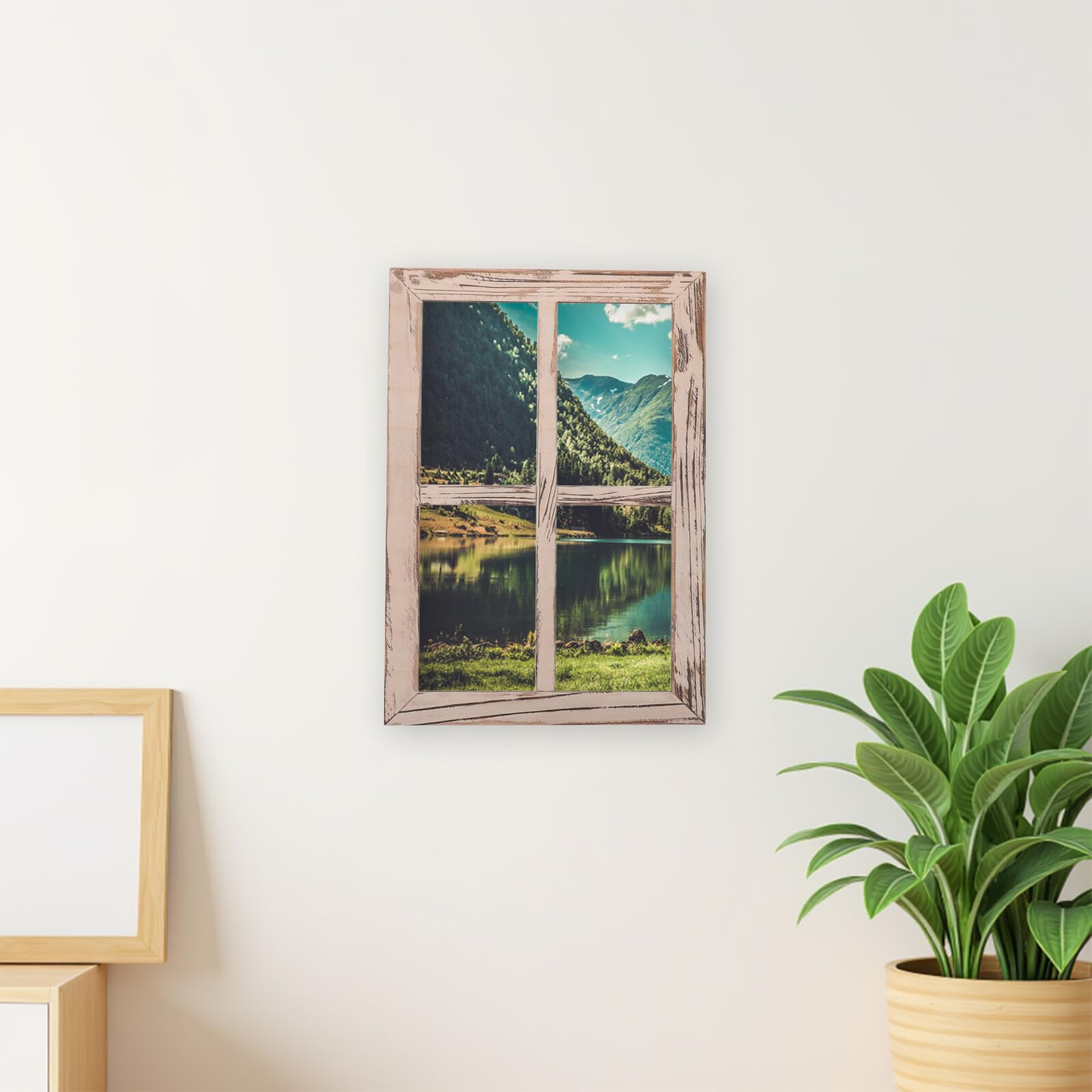 Amosfun Rustikaler Holzfensterrahmen als Wanddeko im Vintage Landhausstil