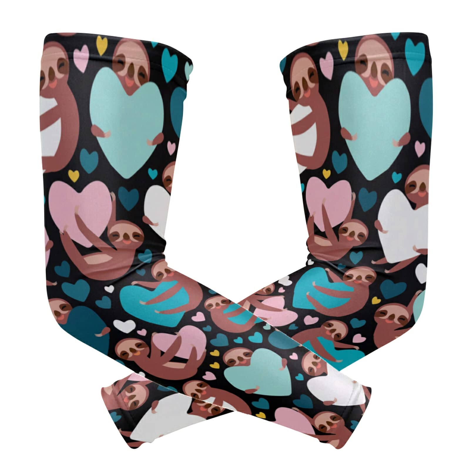 Brown Three-toed Sloth Holding Hearts on Black Valentine's Day 1 Pair Cooling Sports Arm Sleeves, Cover Uv Sun Protection Warmer for Sports Men Women Running Golf Cycling Riding Jogging