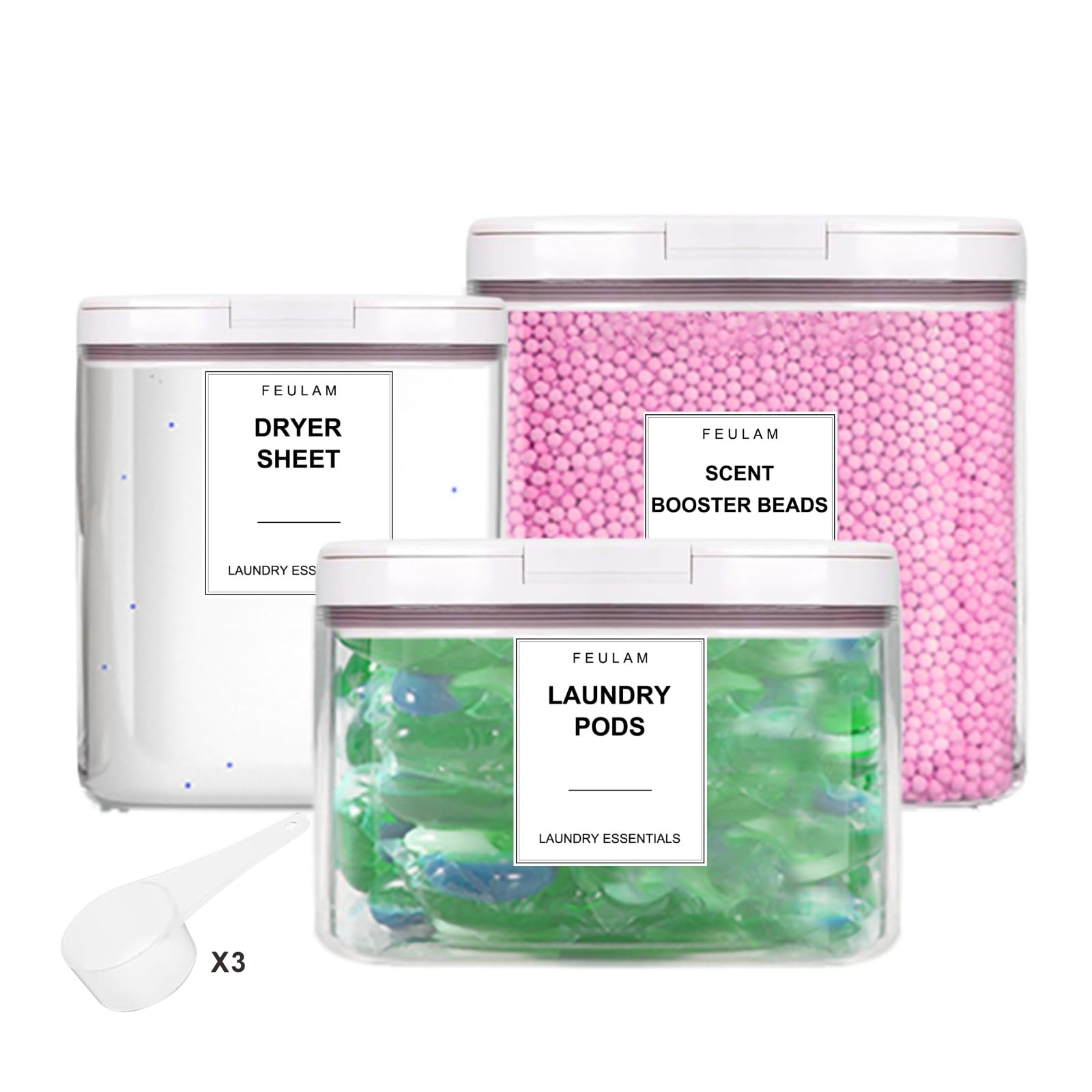 FEULAM 3 Pack Laundry Room Organization Containers with Airtight Lids and Labels, Laundry Powder Detergent Holder for Dryer Ball, Scent Booster Beads