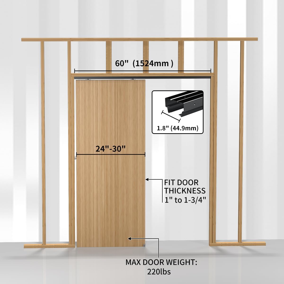Pocket Door Hardware and Track Set, 60Inch Sliding Door Aluminium Alloy Box Rail Hardware for Single Wooden Door,Black