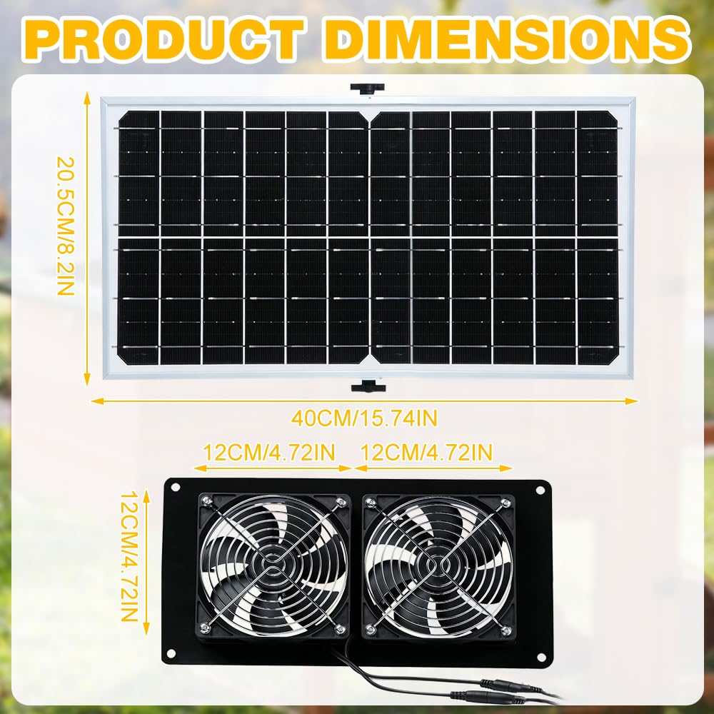 Solar Ventilator Gewächshaus, 16W Solarventilator Wasserdicht mit Unterstützung, Dual Ventilator Solar, Solar Lüfter für Kleine Hühnerställe, Schuppen, Ansaug- oder Abluft