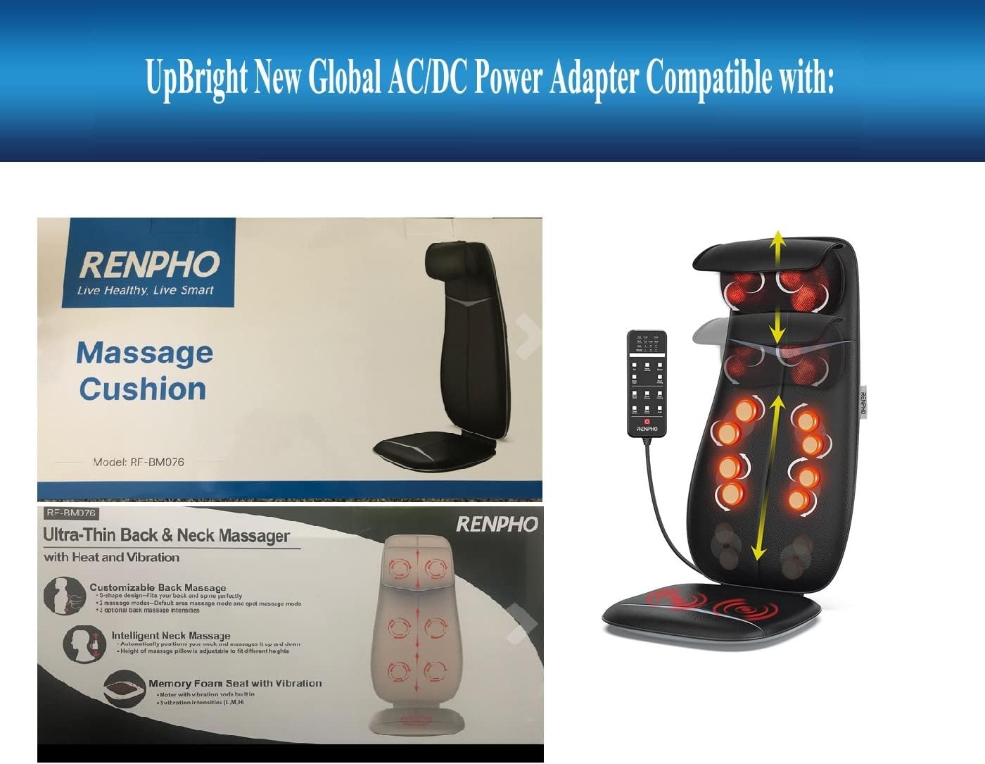 UpBright 12V AC/DC Adapter Compatible with RENPHO RF-BM076 RF-BM078 RF-BM066 Ultra-Thin Neck and Back Massage Cushion Chair Pad Massager DC12V 5A 12.0V 5.0A RS-05/12-S335B Power Supply Battery Charger