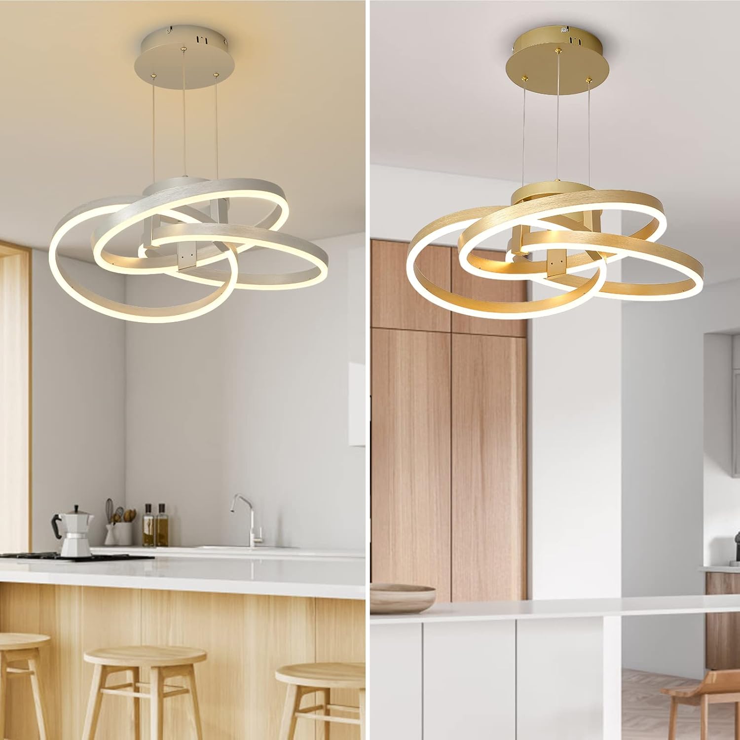Modern LED Pendant Ceiling Light,LED Chandelier Lighting Fixture Dimmable LED Pendant Light for Dining Room,3 Ring Modern LED Chandelier Dimmable Entryway Kitchen Island Hanging Lamp (Silver)