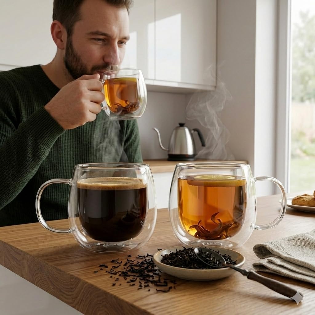 Double Wall Glass Coffee & Tea Mugs - 13.5 oz / 400 ml Insulated Clear Glass Tea Cups with Handle - Borosilicate Glass Mug for Latte, Tea, Cappuccino, Espresso, Hot and Cold Drinks (PACK OF 12)
