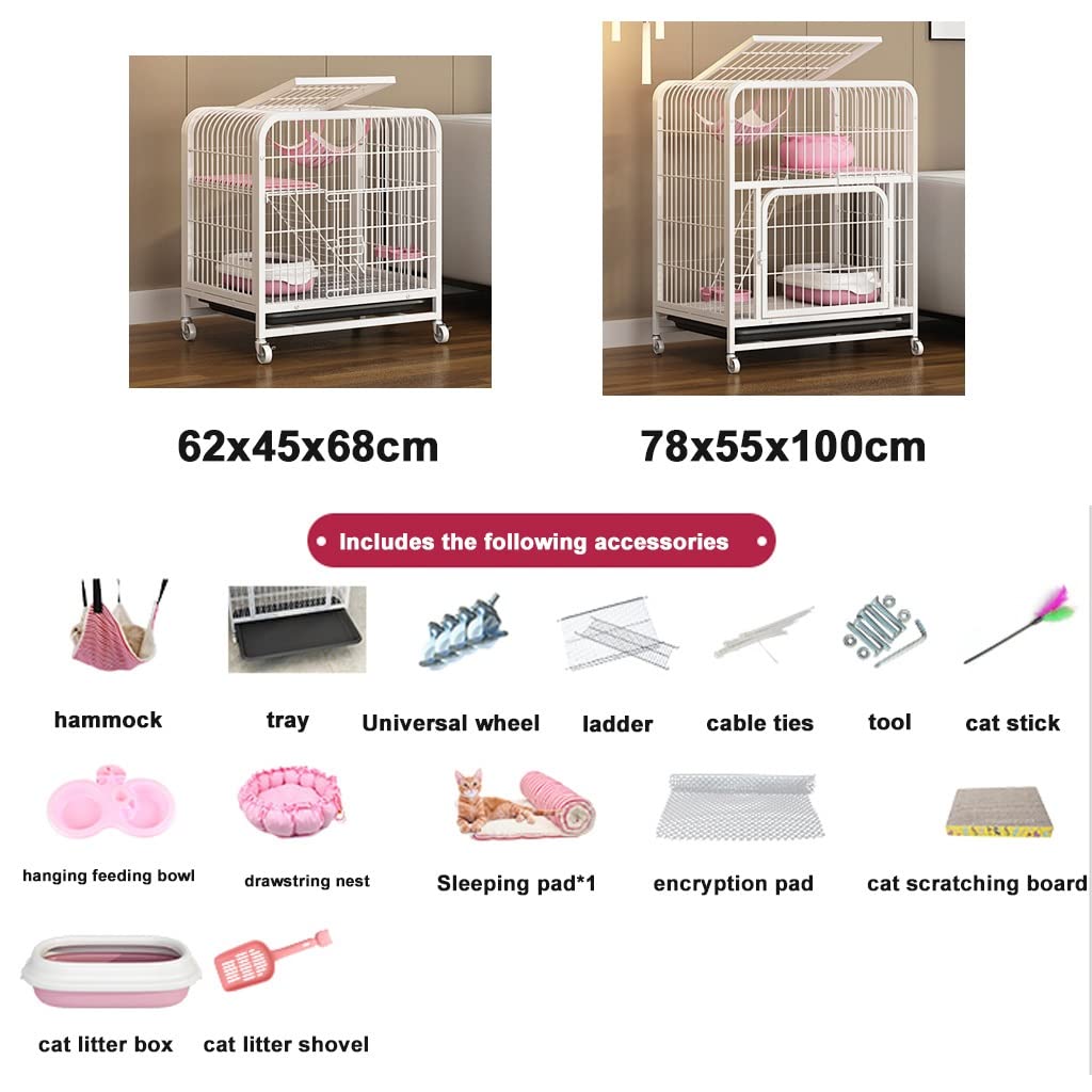 Katzenkäfig Katzenstreu Für Den Innenbereich Doppellagiges Katzenhaus Mit Zubehör Wie Hängematte Isomatte Katzentoilette Usw (Color : Rosa, S : 78x55x100cm)